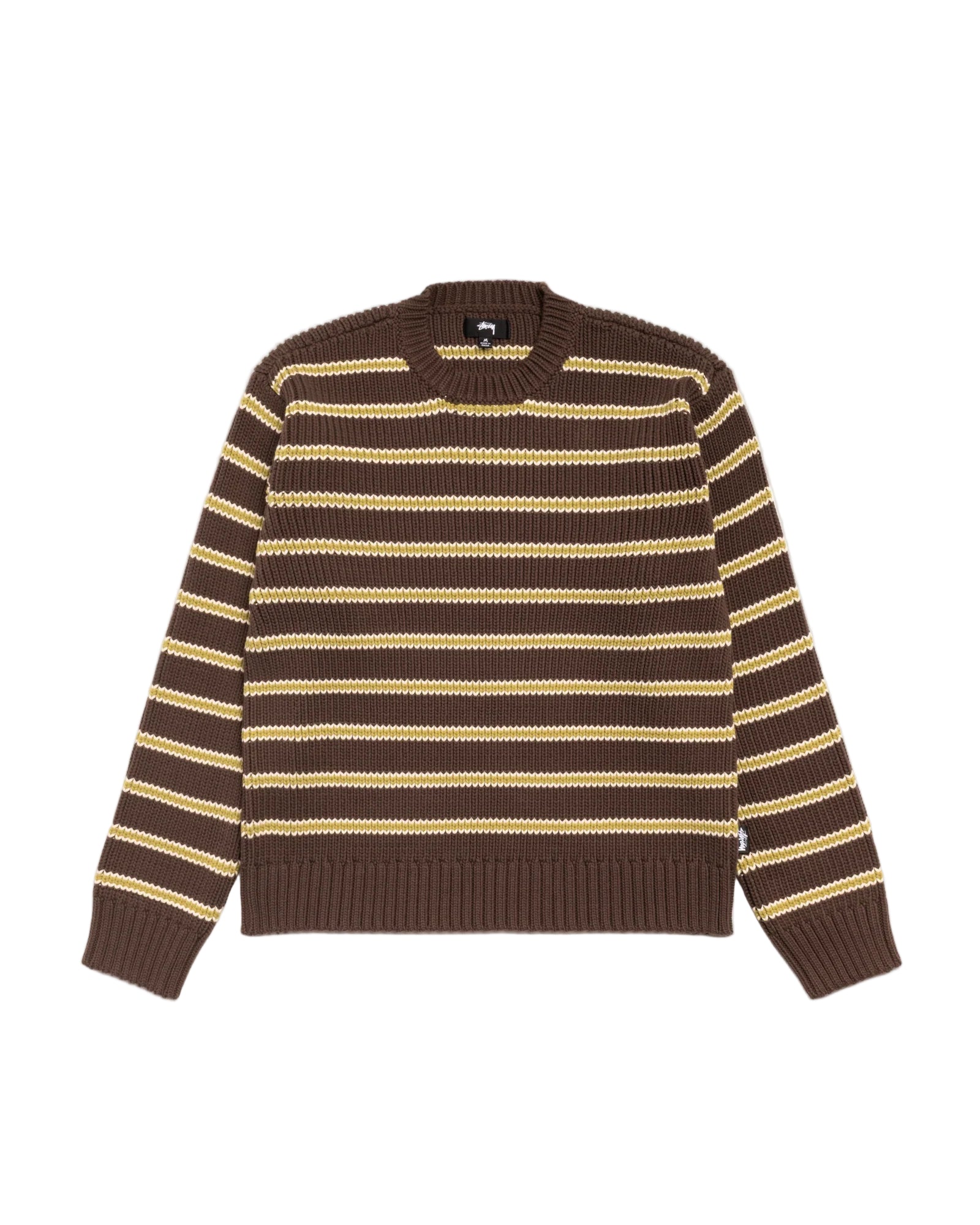Brown and beige striped sweater on a white background