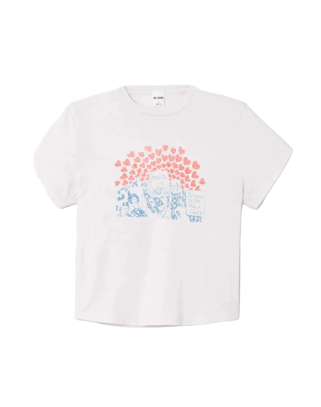 White t-shirt with colorful graphic design on a white background