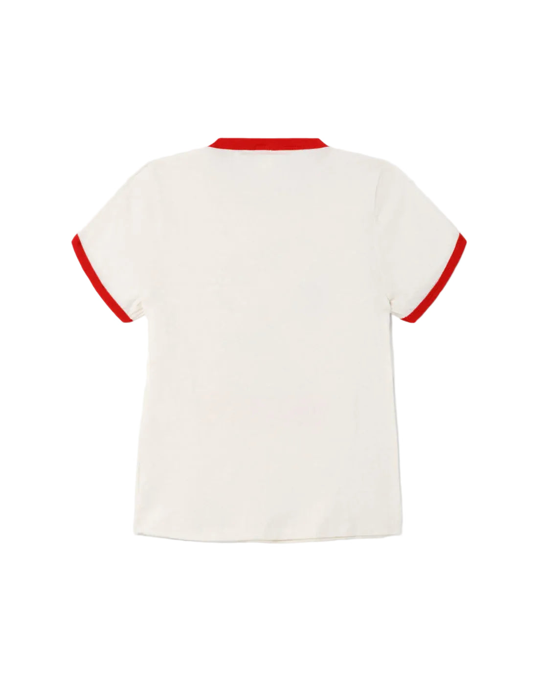 White t-shirt with red trim on a white background