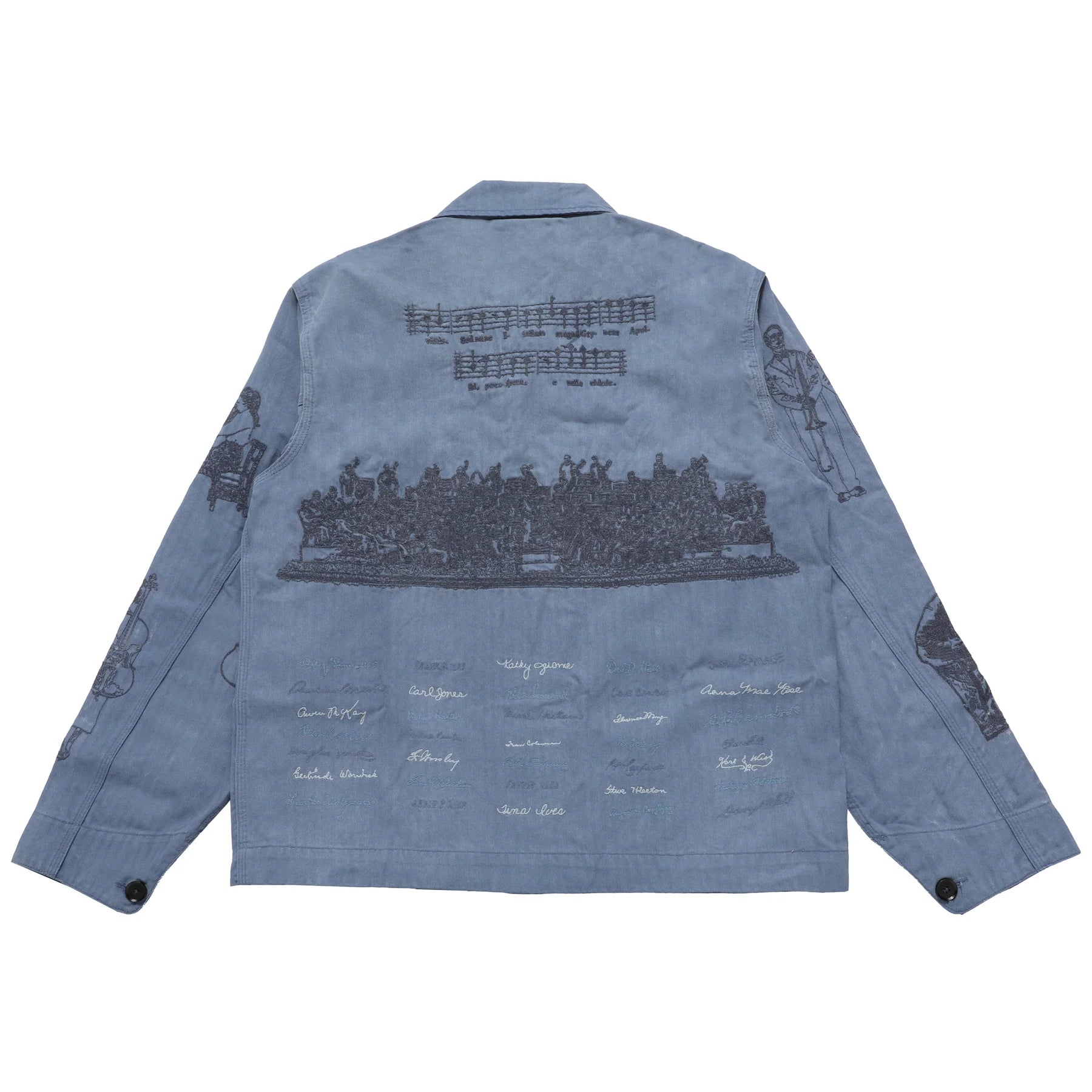 Blue herringbone jacket with black embroidered designs on a white background
