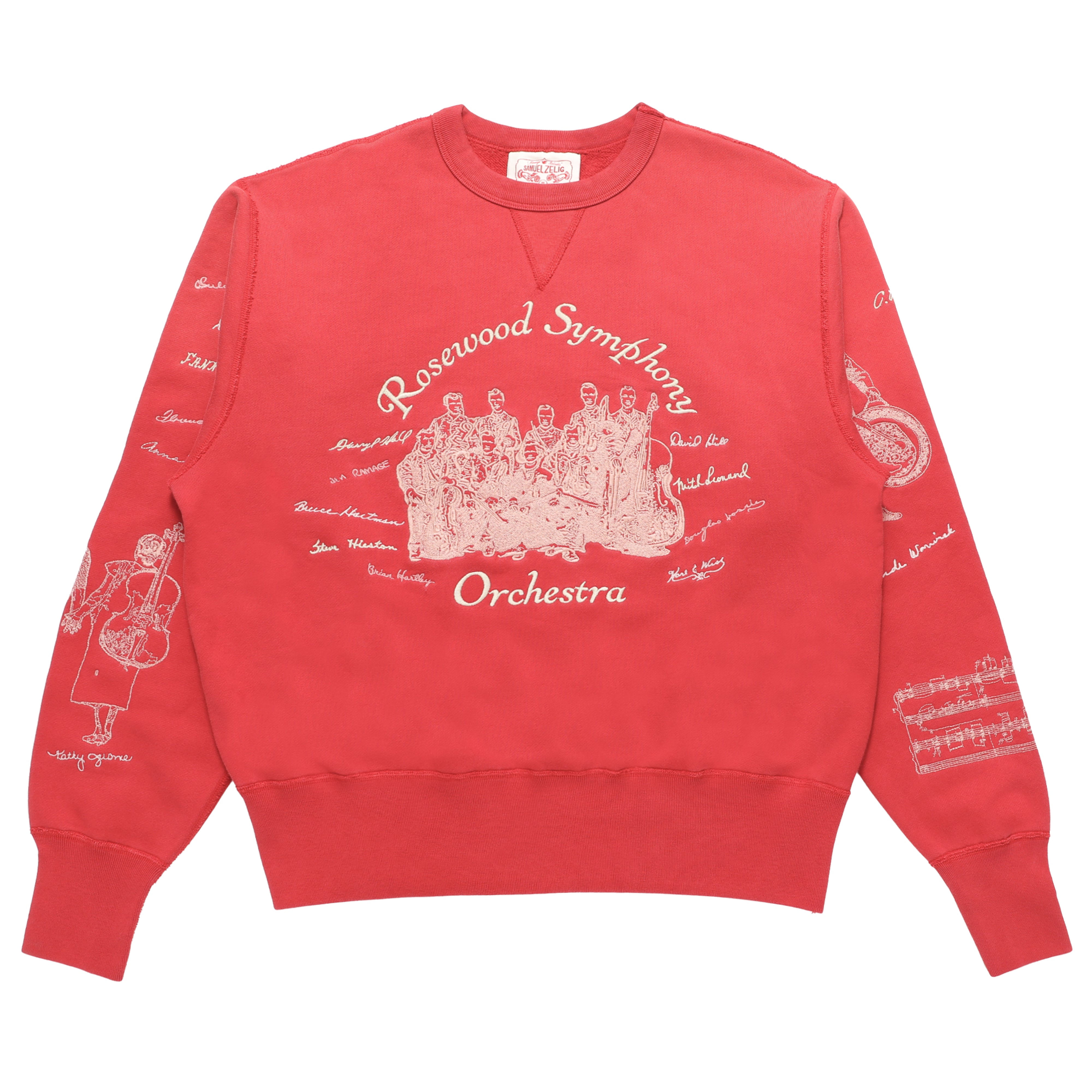 Red sweatshirt with 'Rosewood Symphony Orchestra' design on a white background