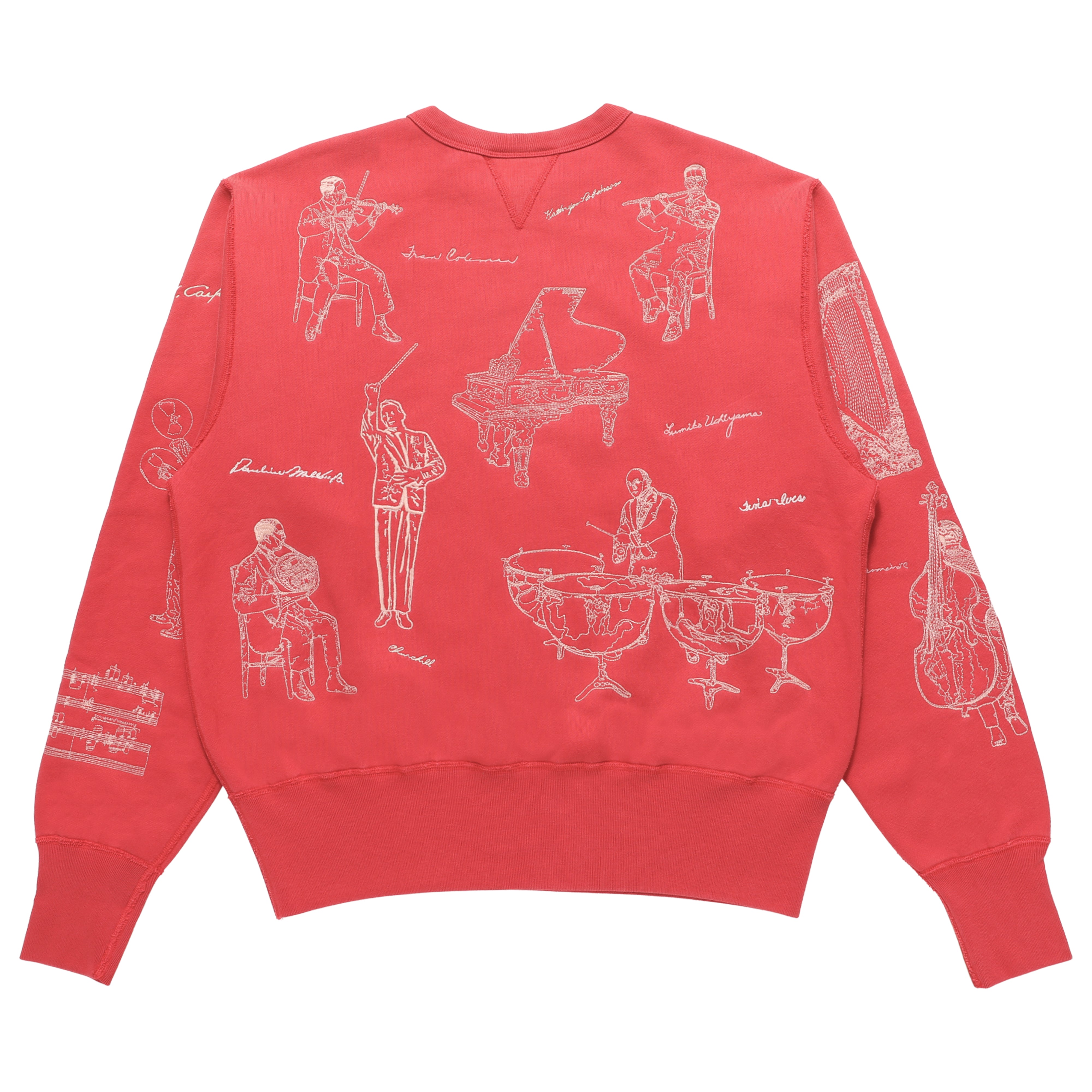 Red sweatshirt with white line drawings of musicians and musical instruments on a white background