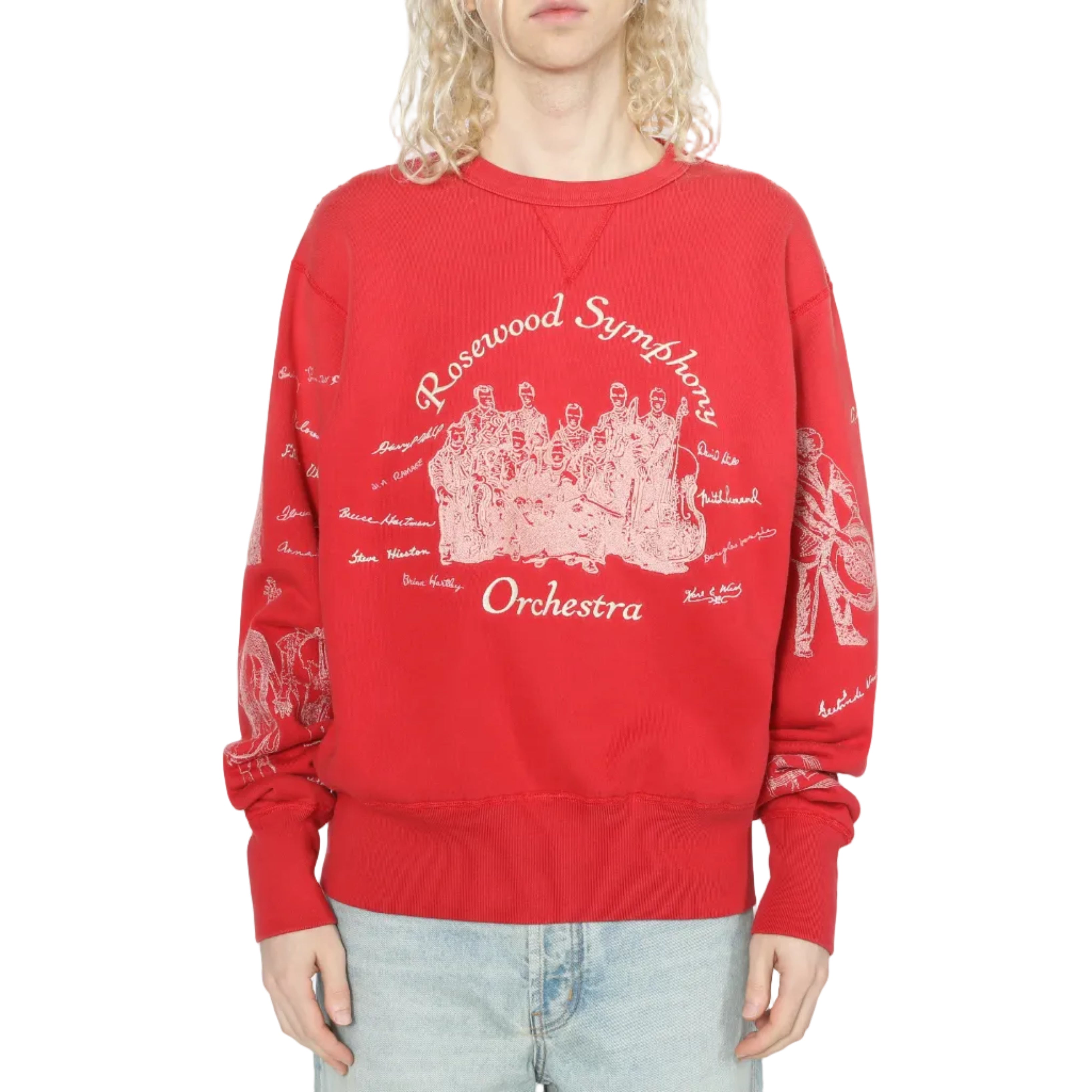 Person wearing a red sweatshirt with 'Rosewood Symphony Orchestra' design on a white background