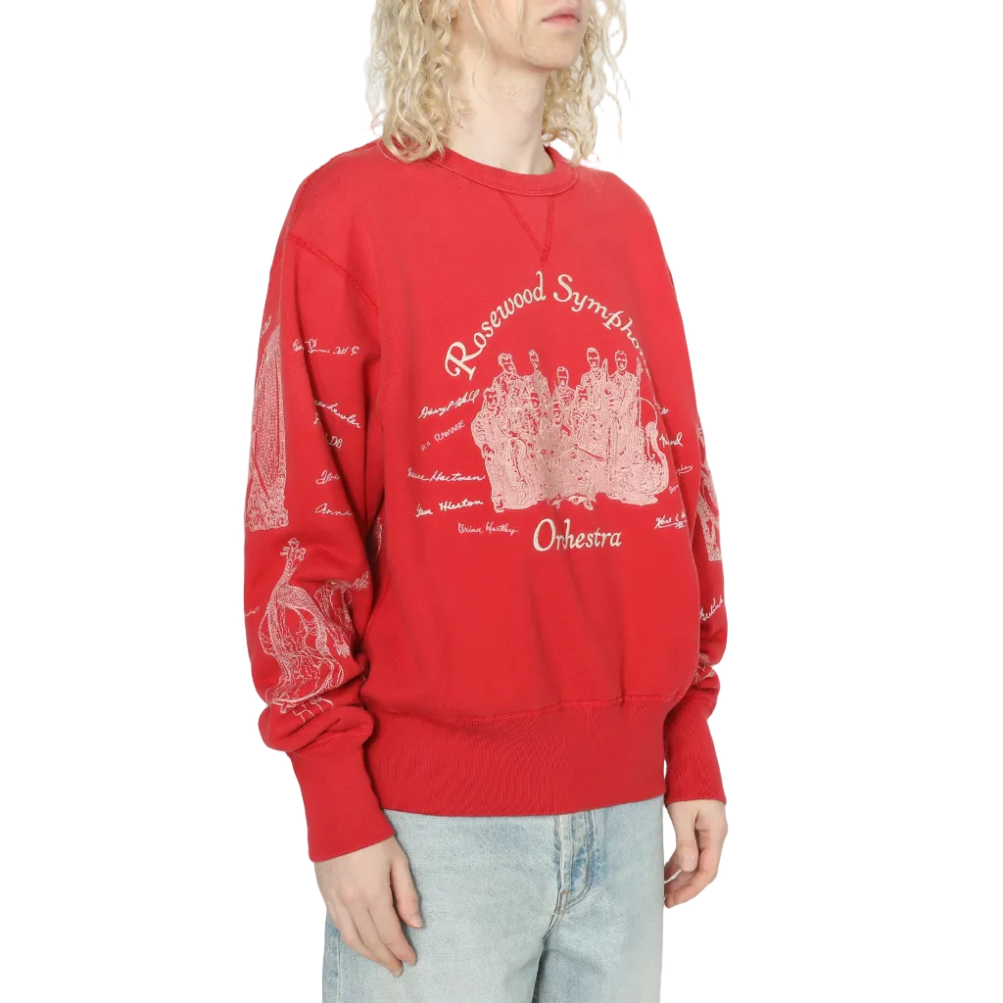 Person wearing a red sweatshirt with a graphic design on a white background