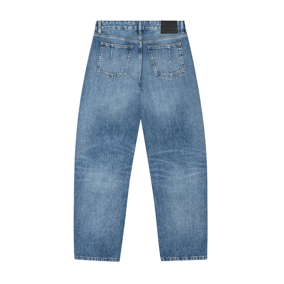 back view of blue jeans on a white background