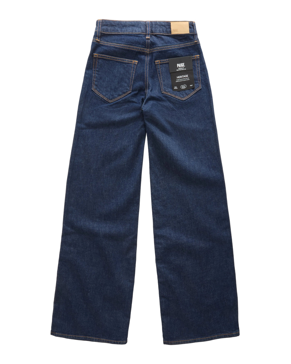 Back view of dark blue denim jeans with a wide-leg fit, showing the back pockets and a black brand label on the right pocket, set against a plain white background.