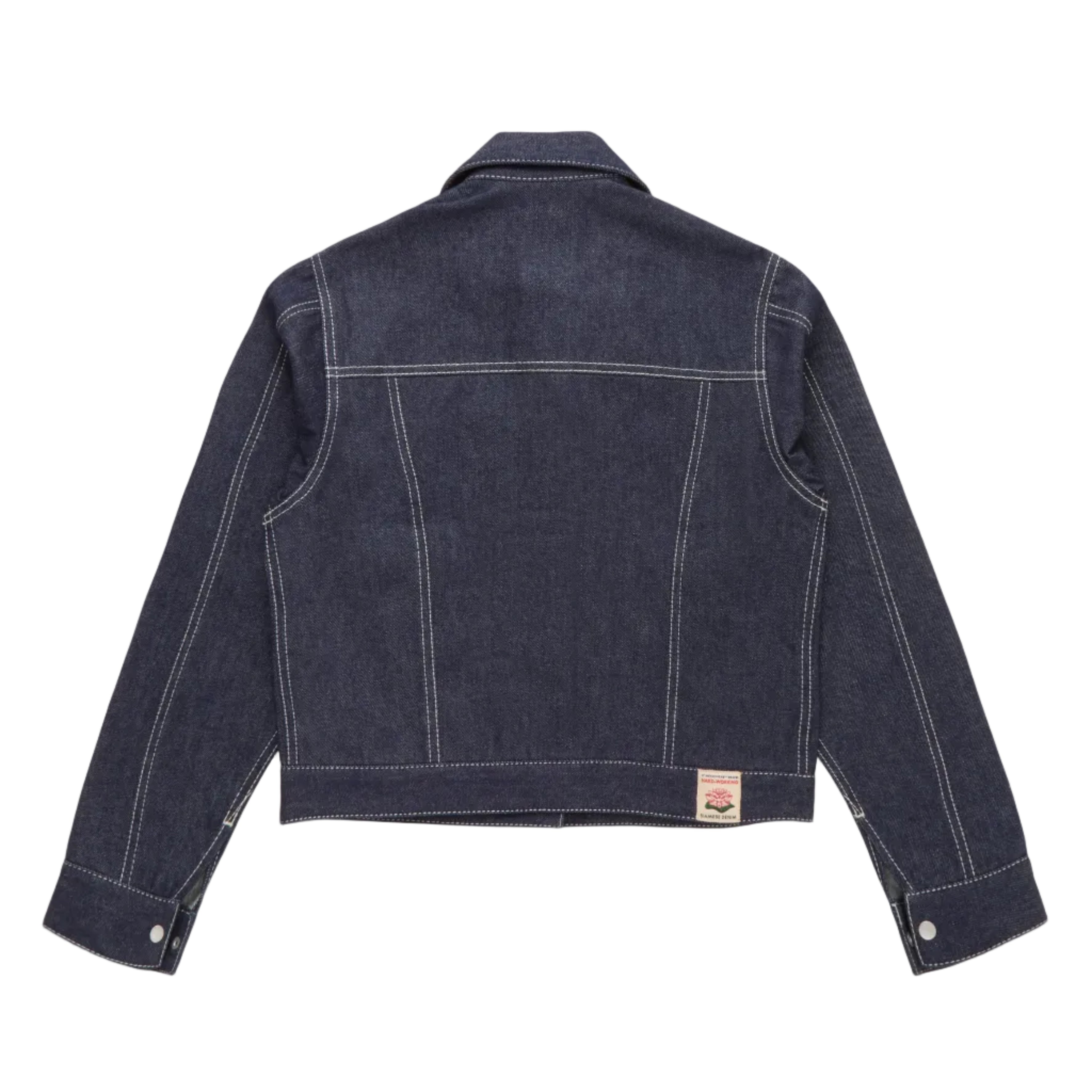 Dark blue denim jacket on a white background