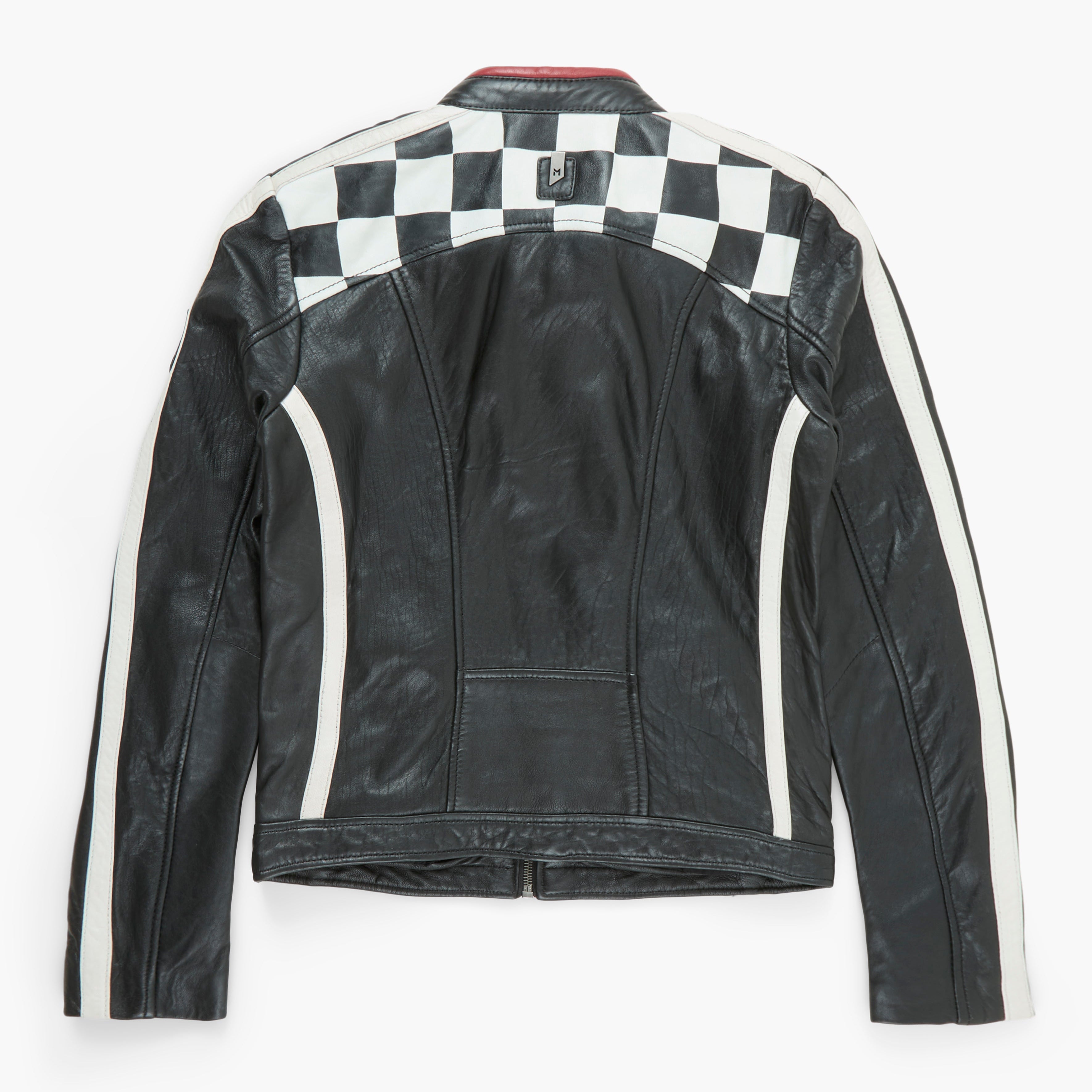 Black leather jacket with checkered pattern on a white background