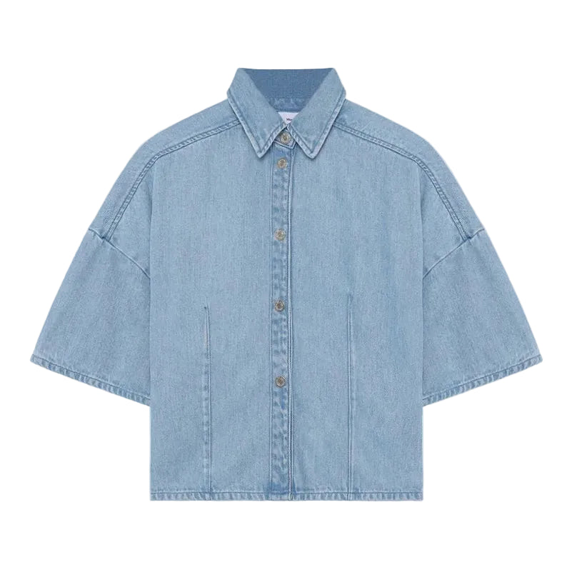Light blue denim shirt on a white background