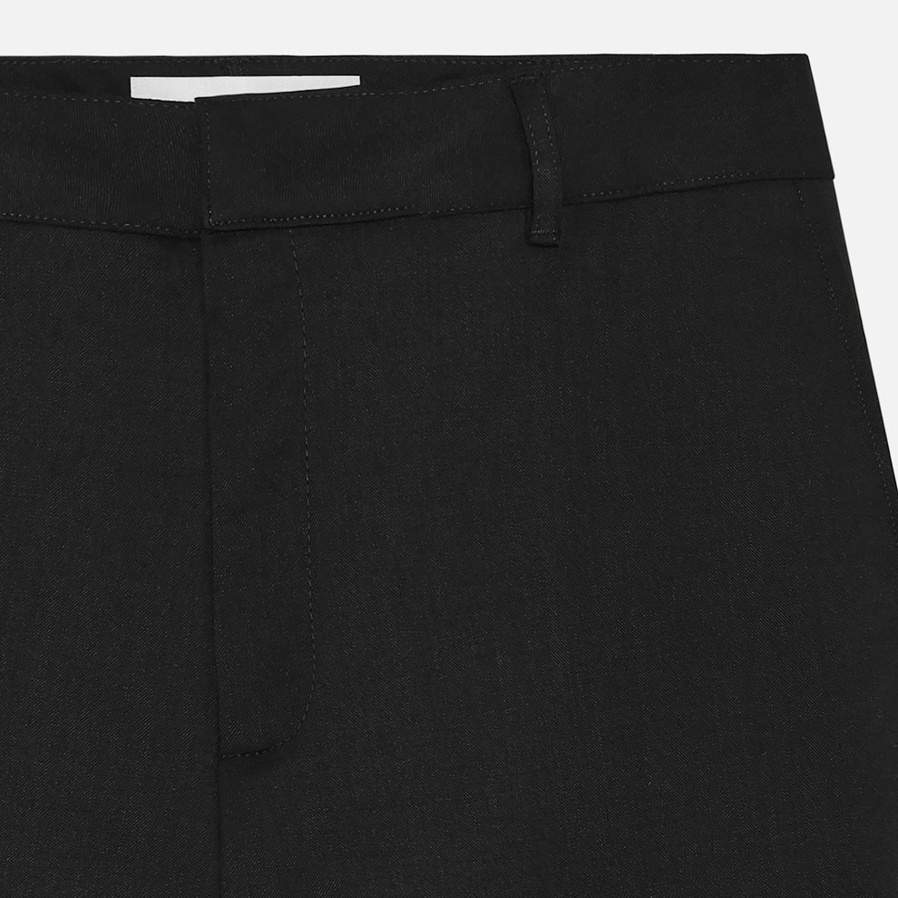 Close-up of black shorts with a plain background
