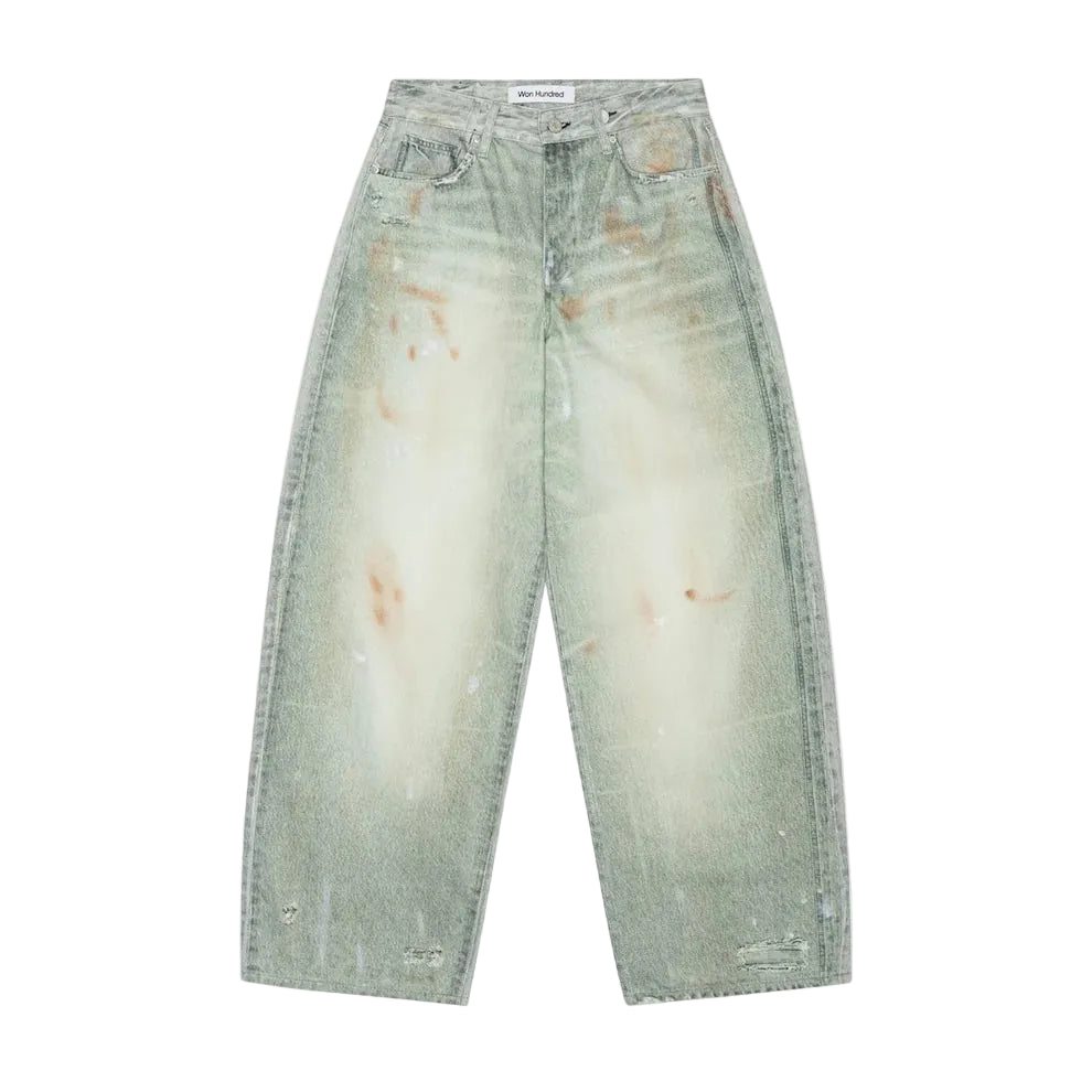 Light blue jeans with distressed details on a white background