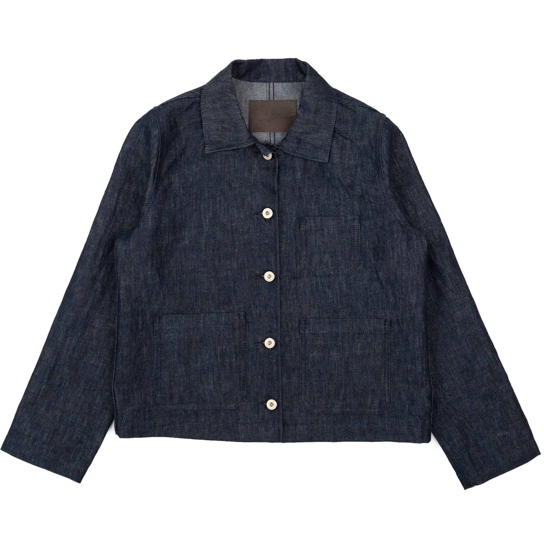 Dark denim jacket with button details on a white background