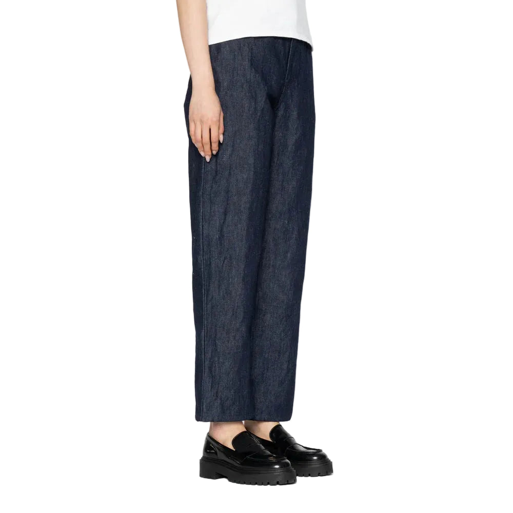 Person wearing dark blue wide-leg pants on a white background