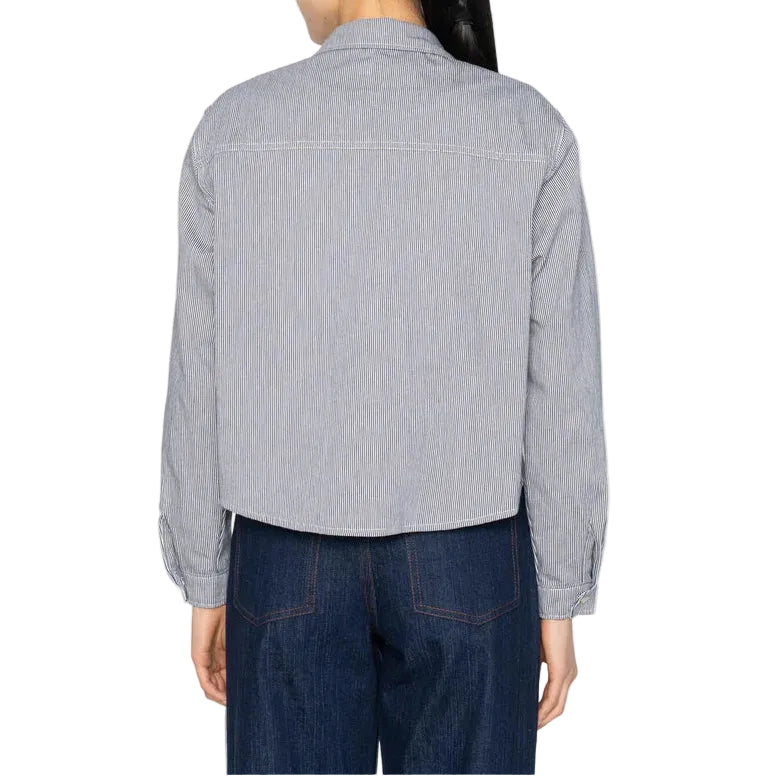Person wearing a blue and white striped shirt and dark jeans on a white background. Back view
