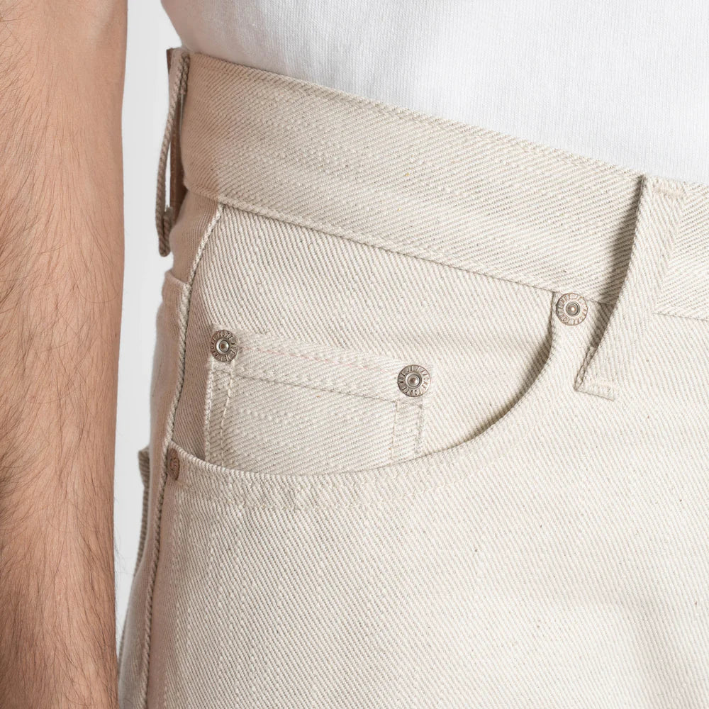 Close-up of beige pants with a white background