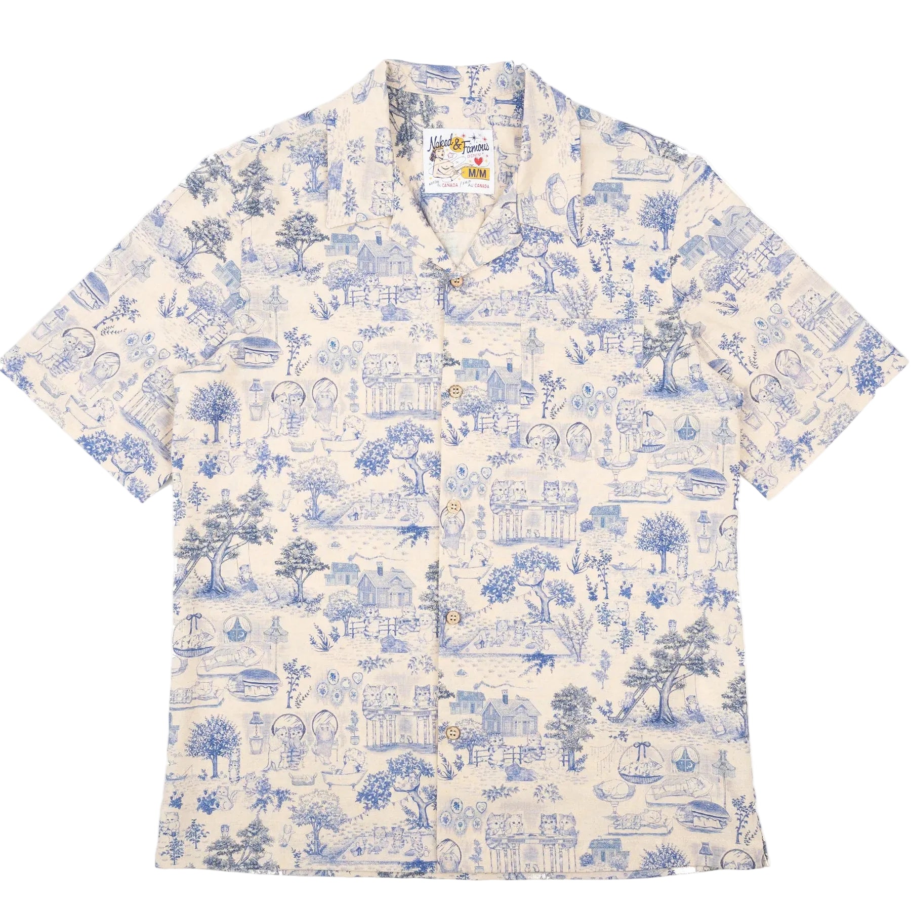 Short-sleeve shirt with blue pattern on a white background