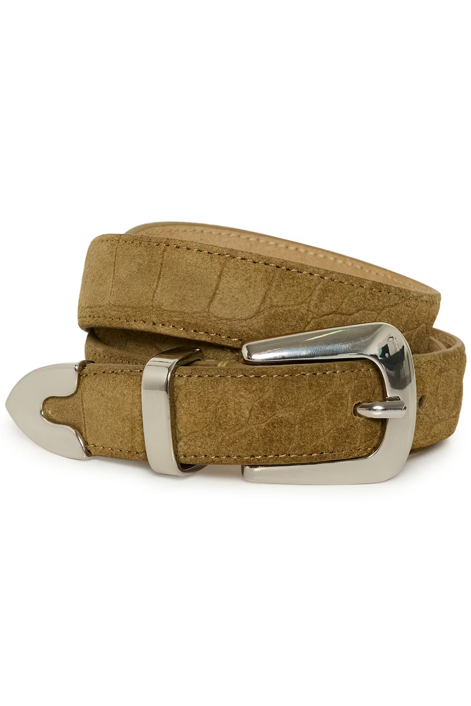 Brown belt with silver buckle on a white background