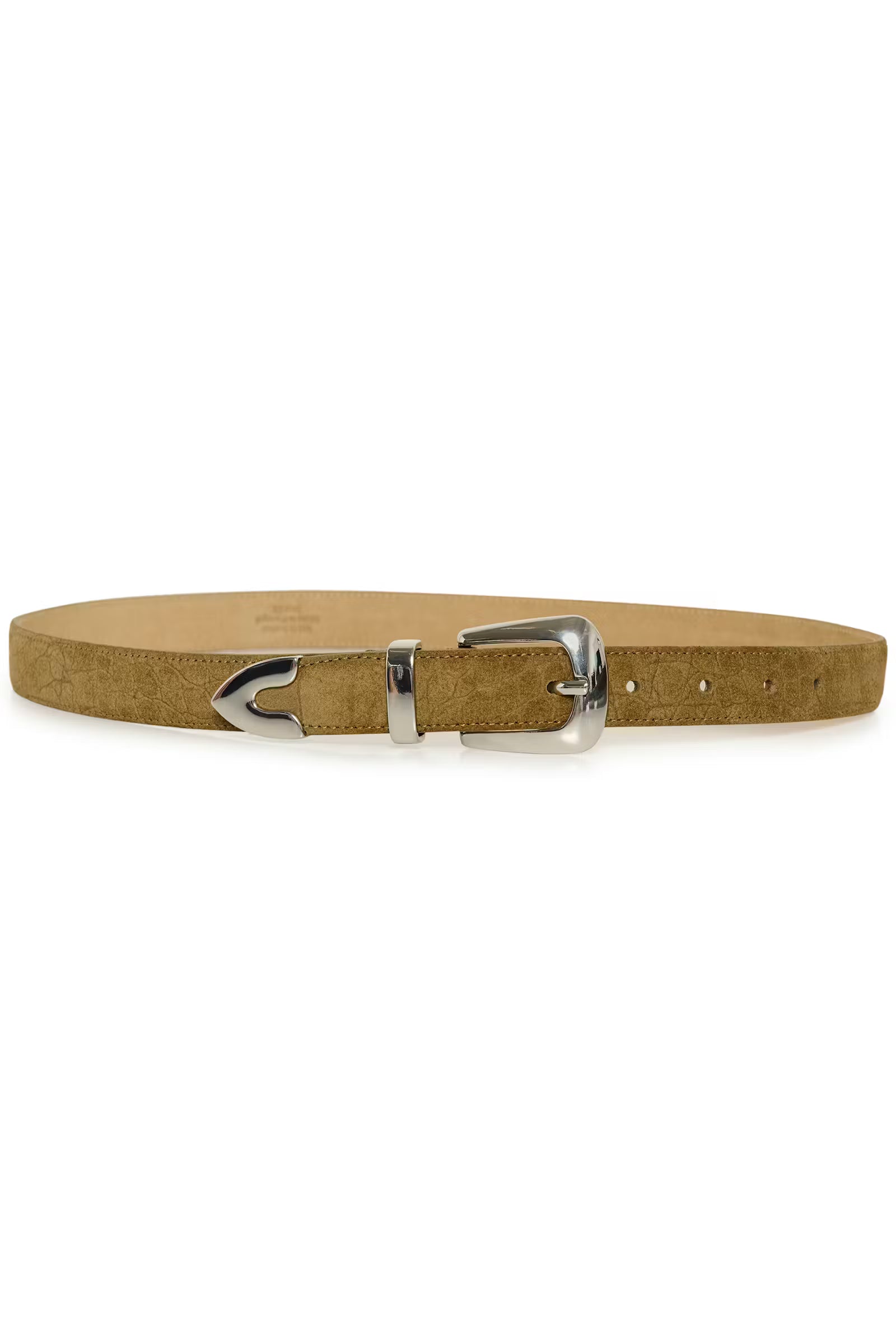 Tan belt with a silver buckle on a white background