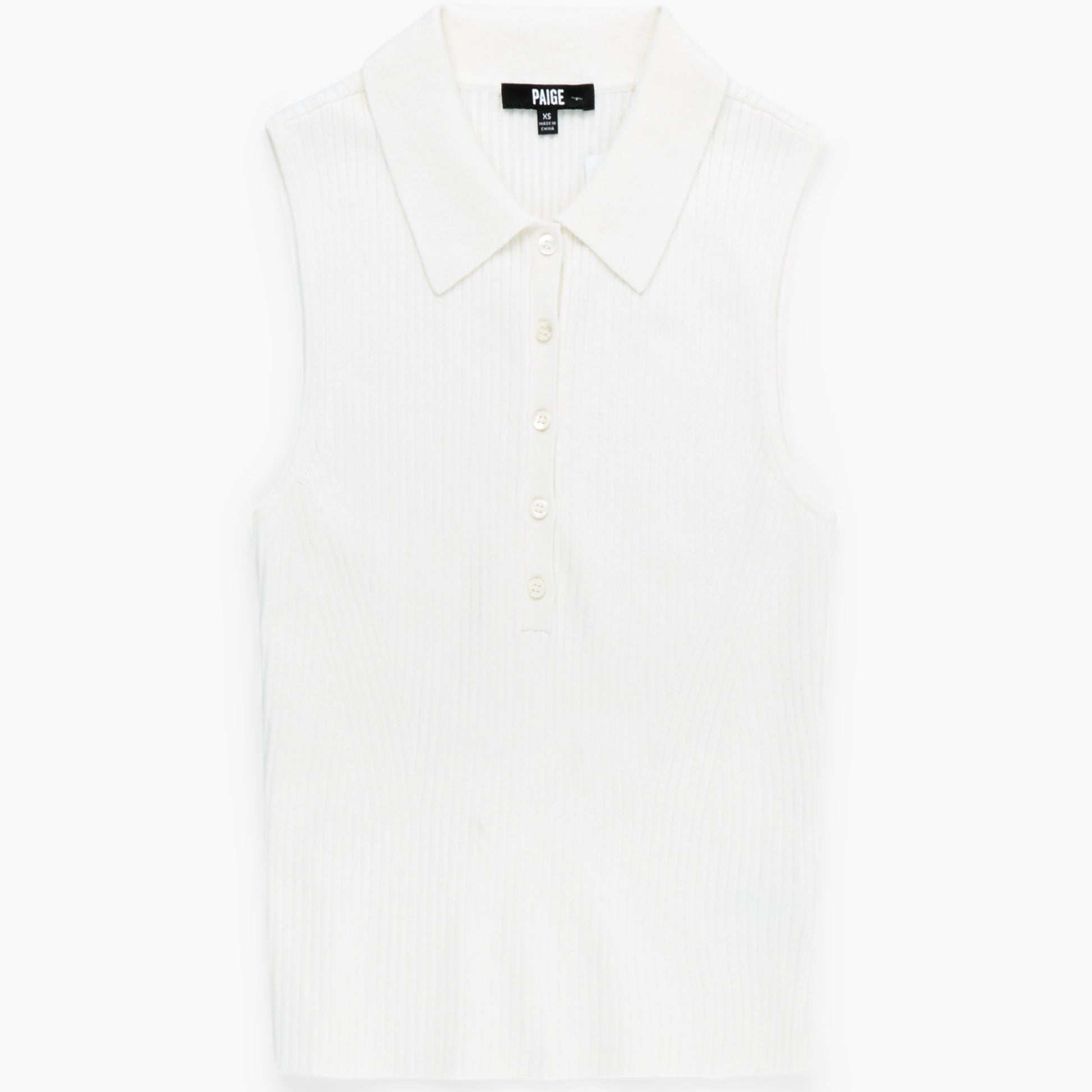 White sleeveless blouse with a brand label on a white background