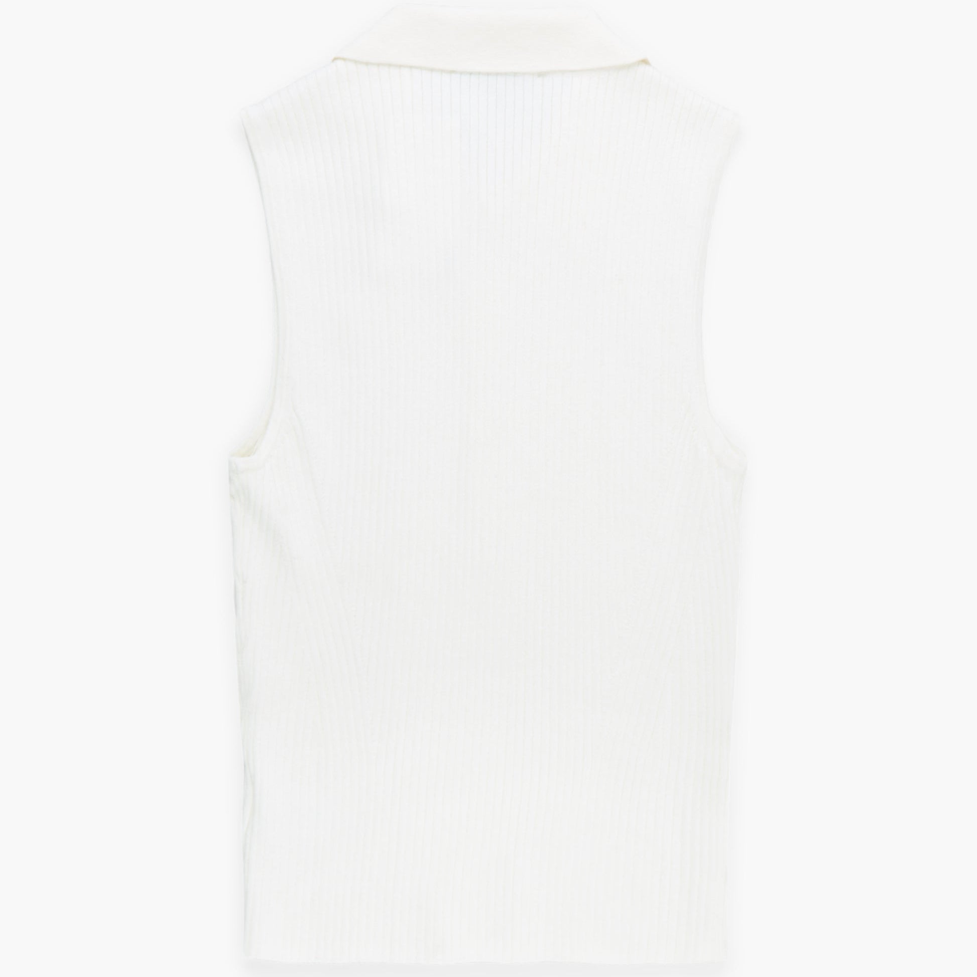 White sleeveless blouse with a brand label on a white background back view