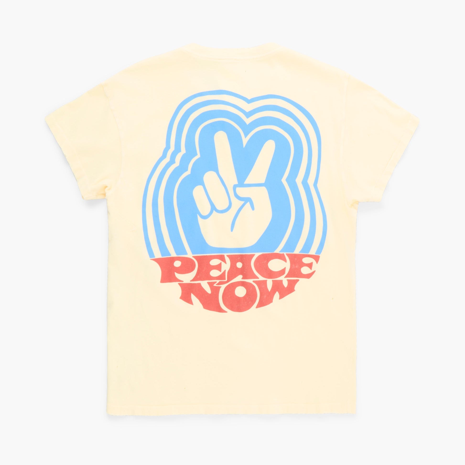 Yellow t-shirt with blue peace symbol and 'Peace Now' text on a white background
