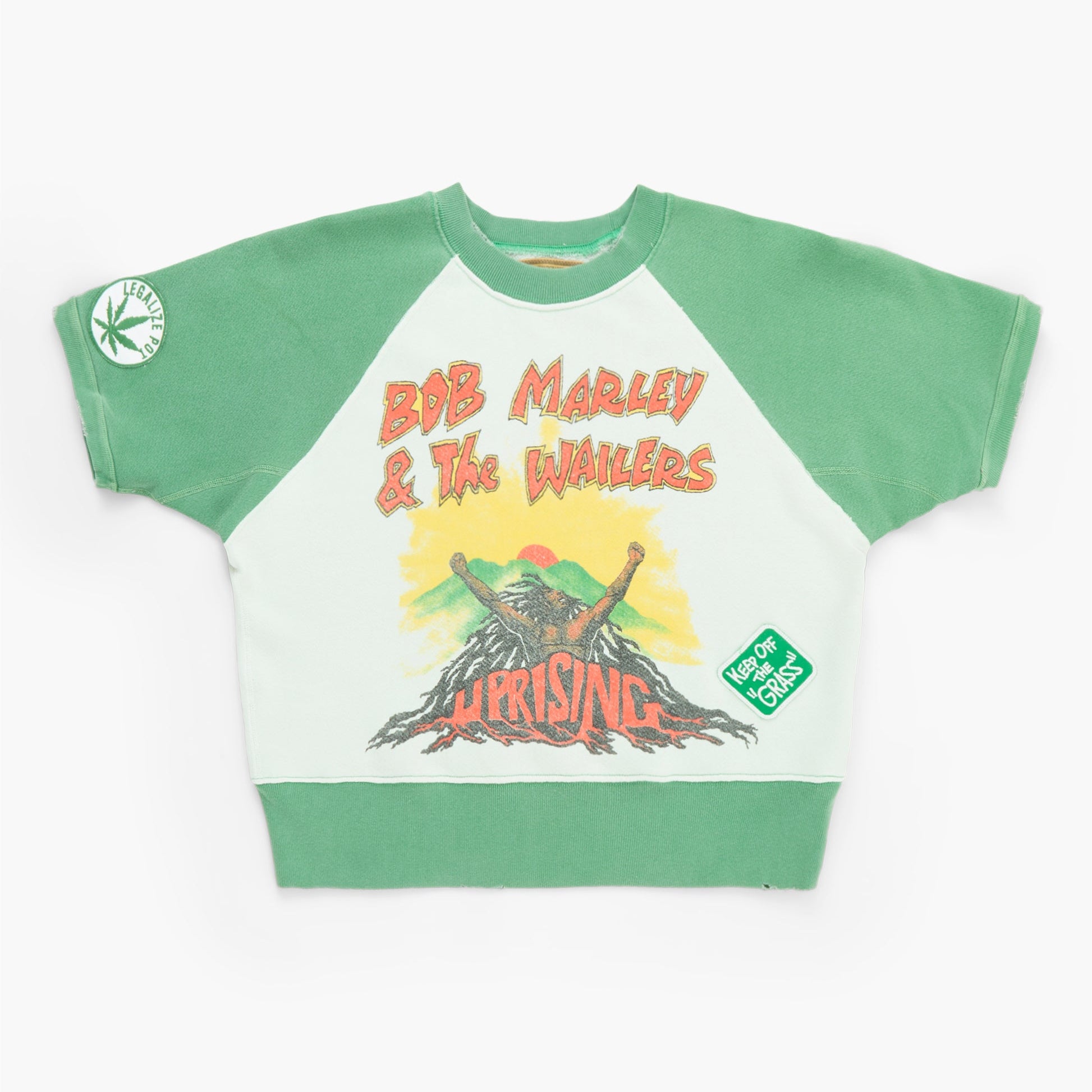 Green and white sweatshirt with Bob Marley graphic design on a white background