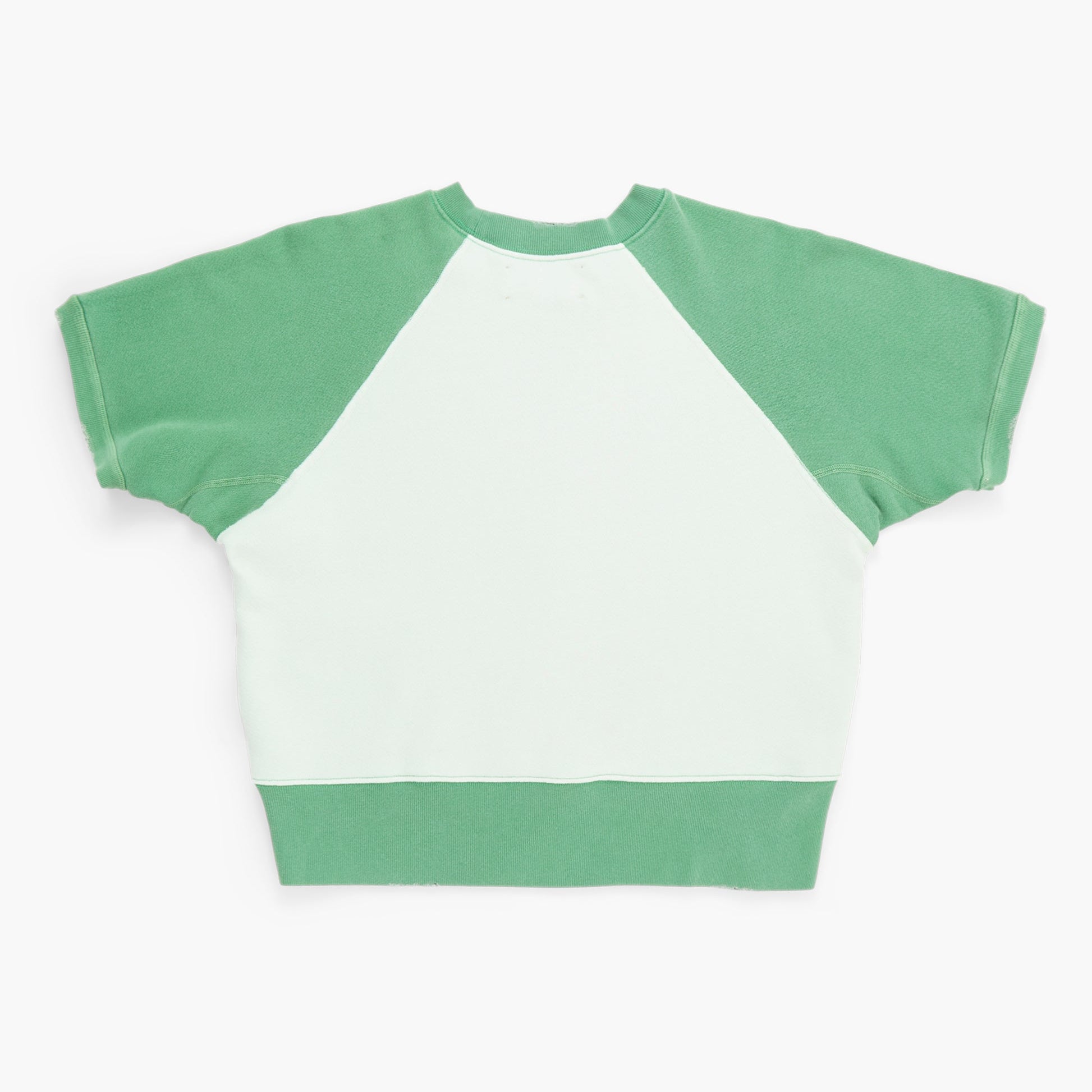 Green and white short-sleeved sweatshirt on a white background