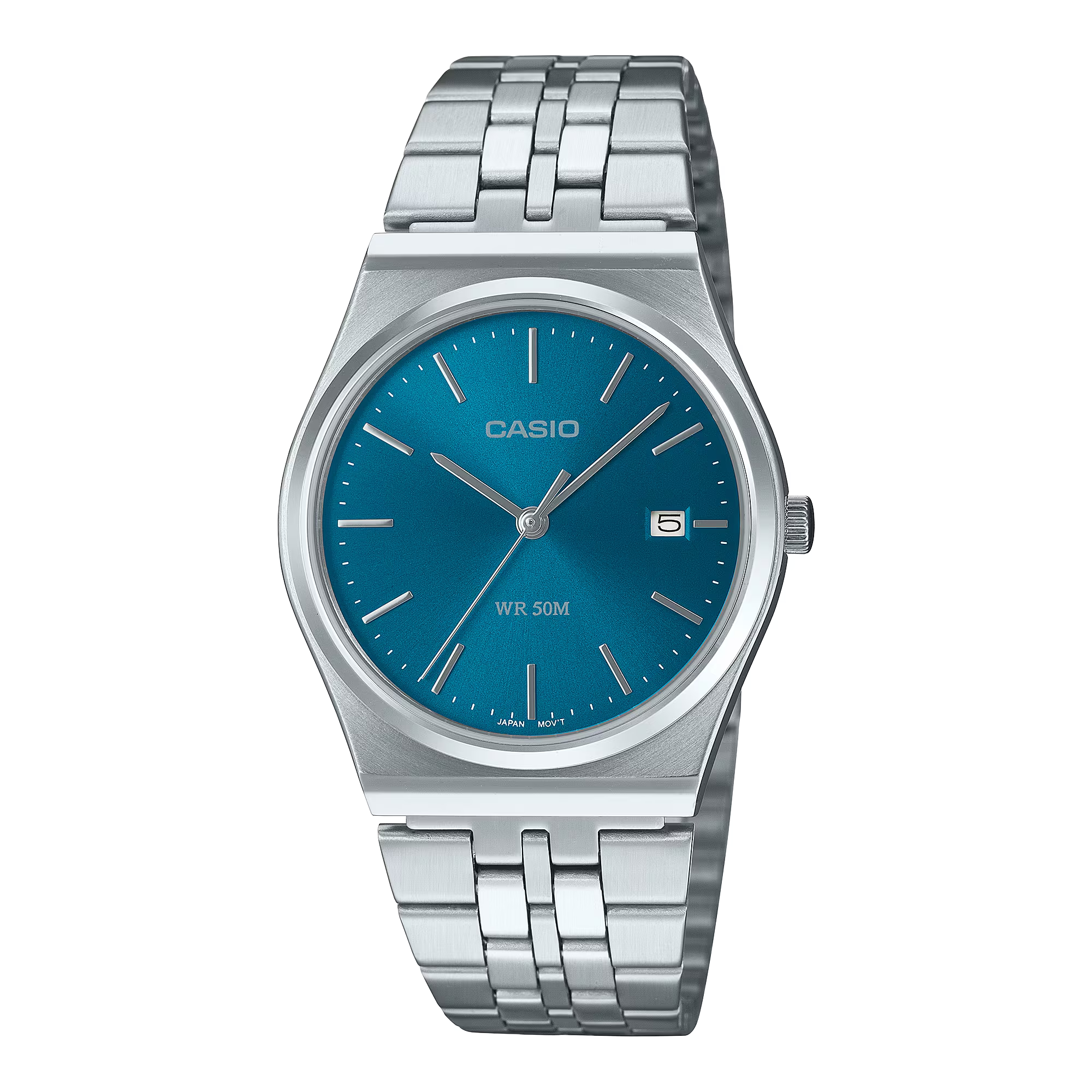 Casio watch with blue dial and silver metal strap on a white background