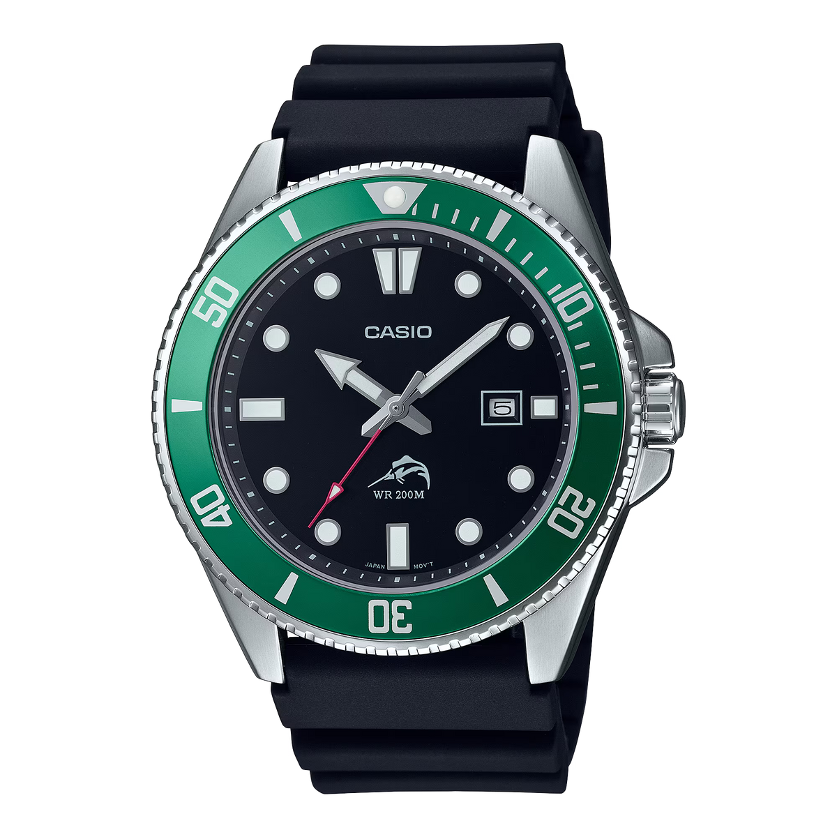 Casio watch with green bezel and black strap on a white background