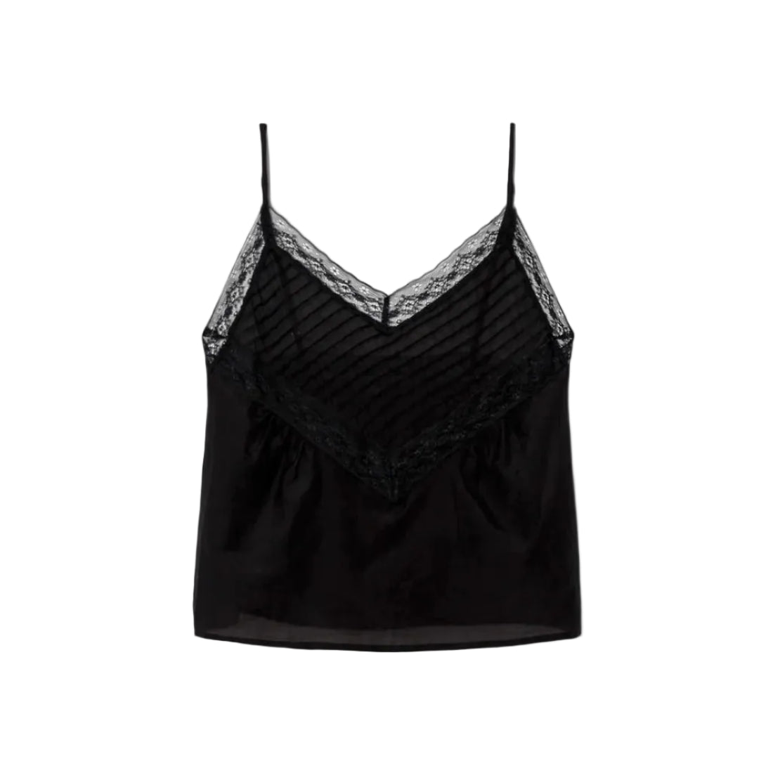 Black satin camisole with lace trim on a white background