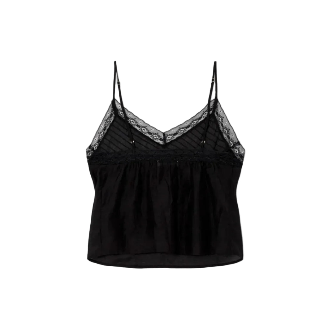 Black lace-trimmed camisole on a white background