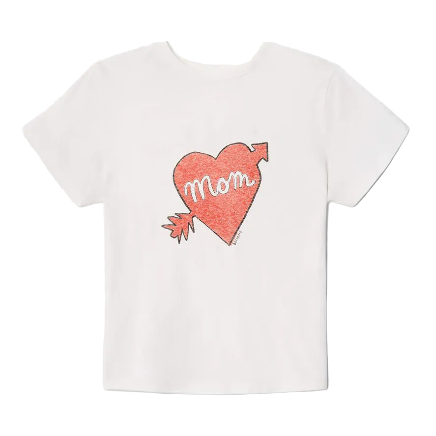 White t-shirt with a red heart and 'Mom' text on a white background