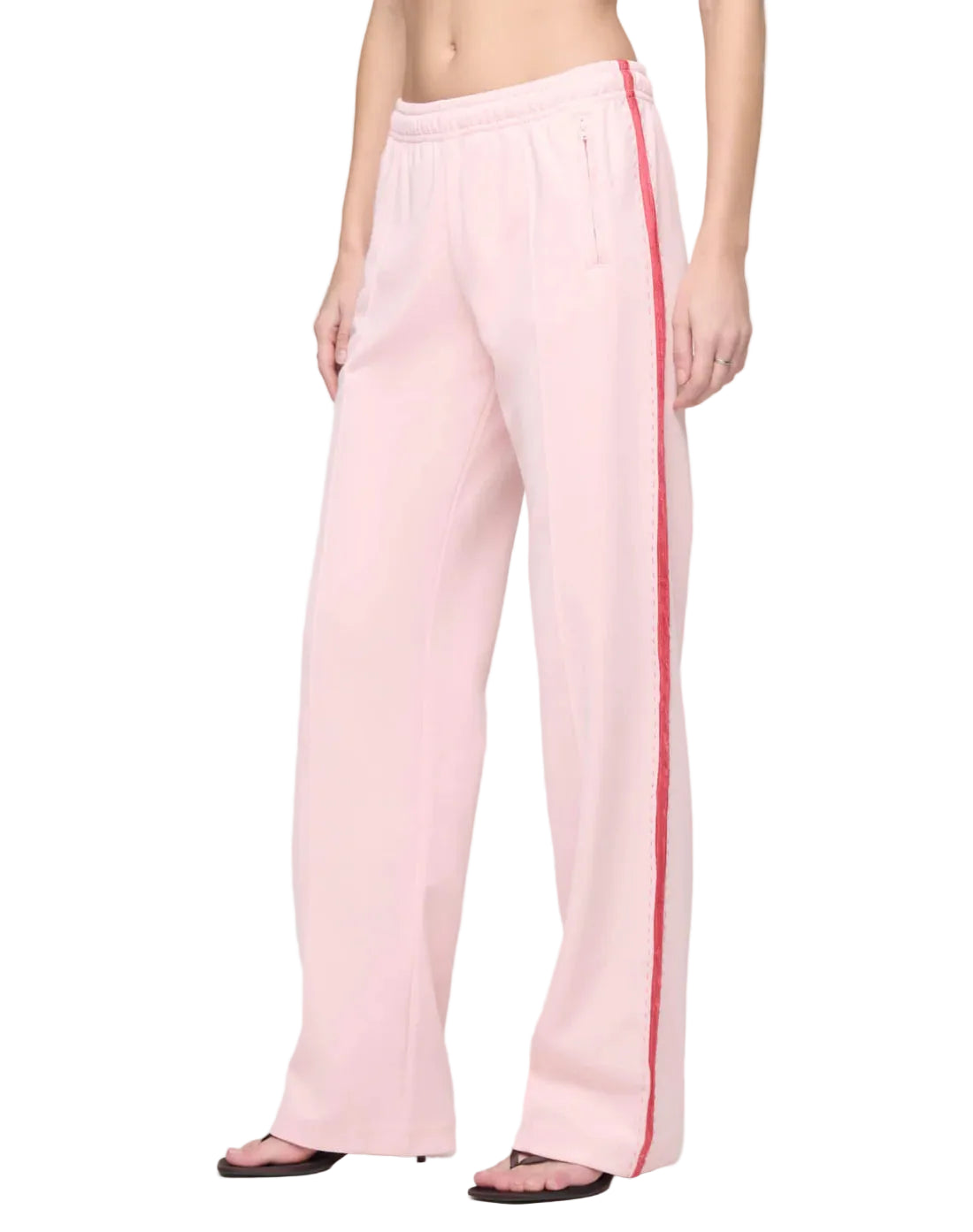Pink pants with a red stripe on a white background