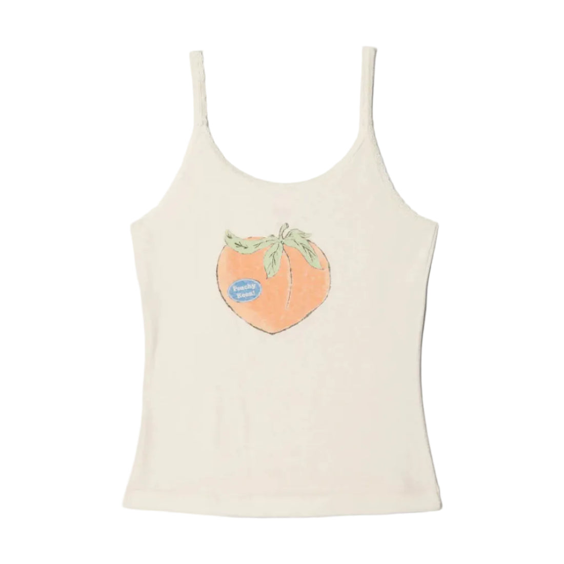 Beige tank top with a peach graphic on the front on a white background