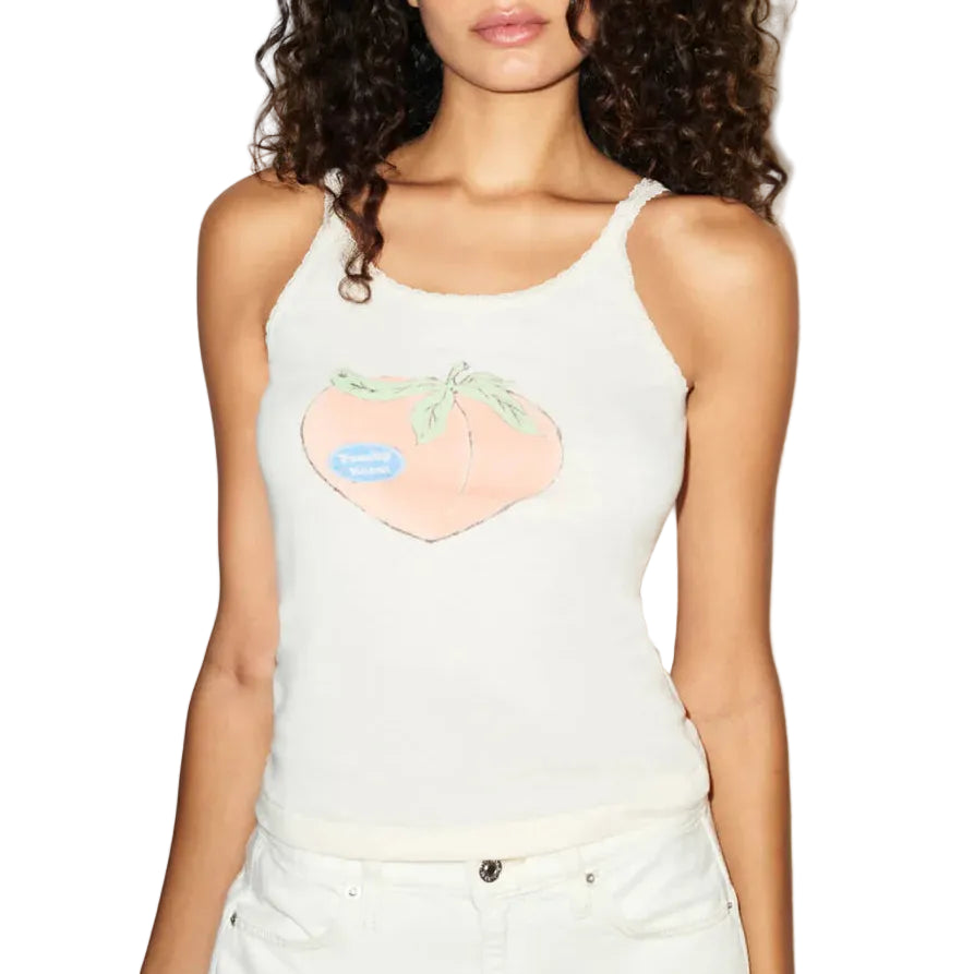 Person in a beige tank top with a peach graphic on the front on a white background