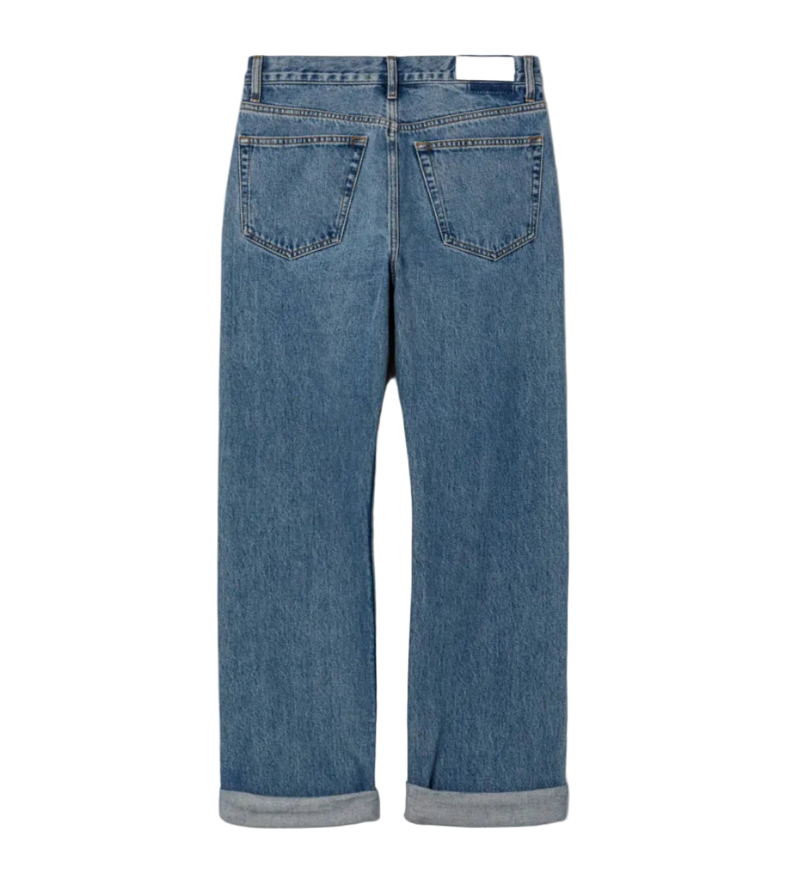 Back view of blue jeans on a white background
