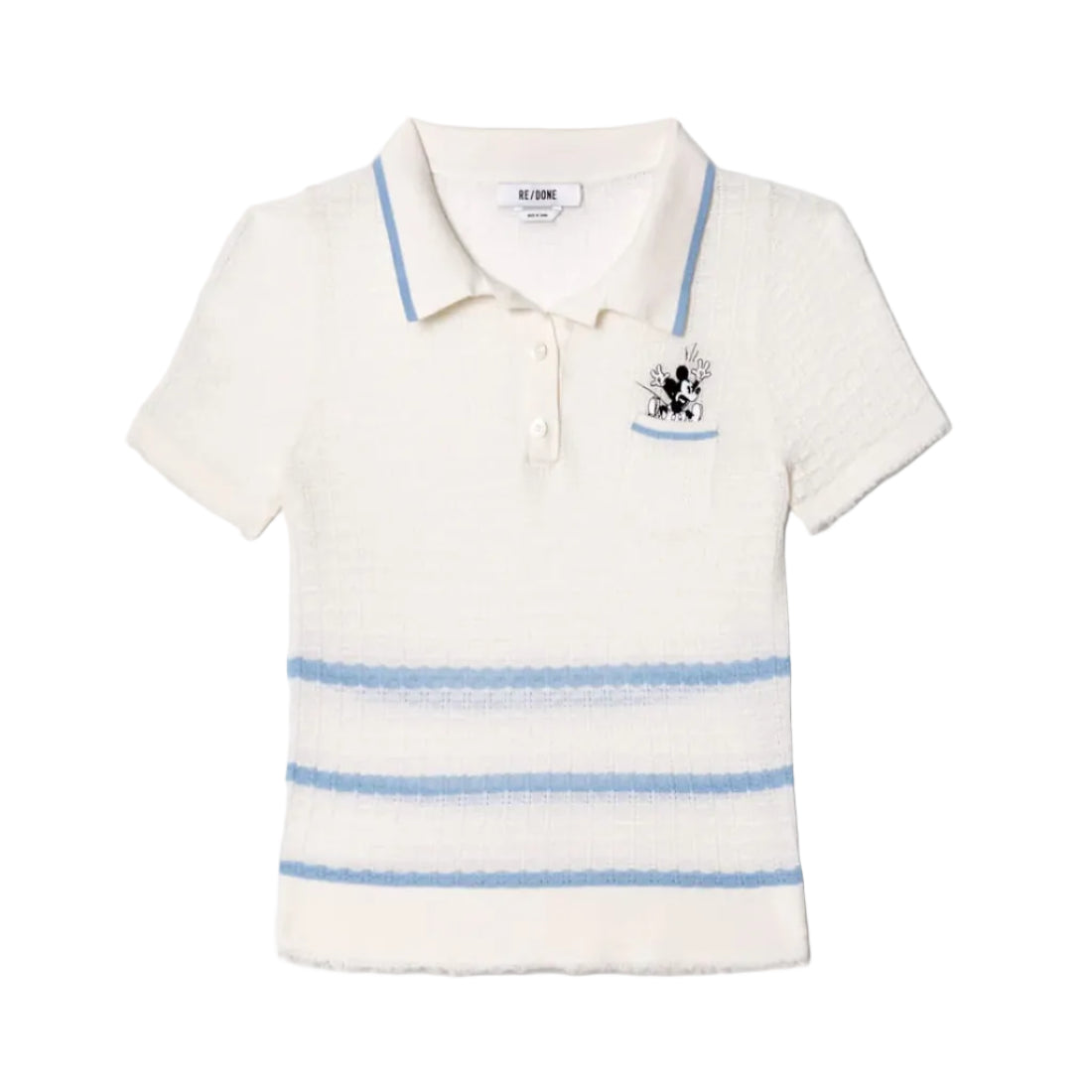 White knit polo with Mickey Mouse embroidery on a white background