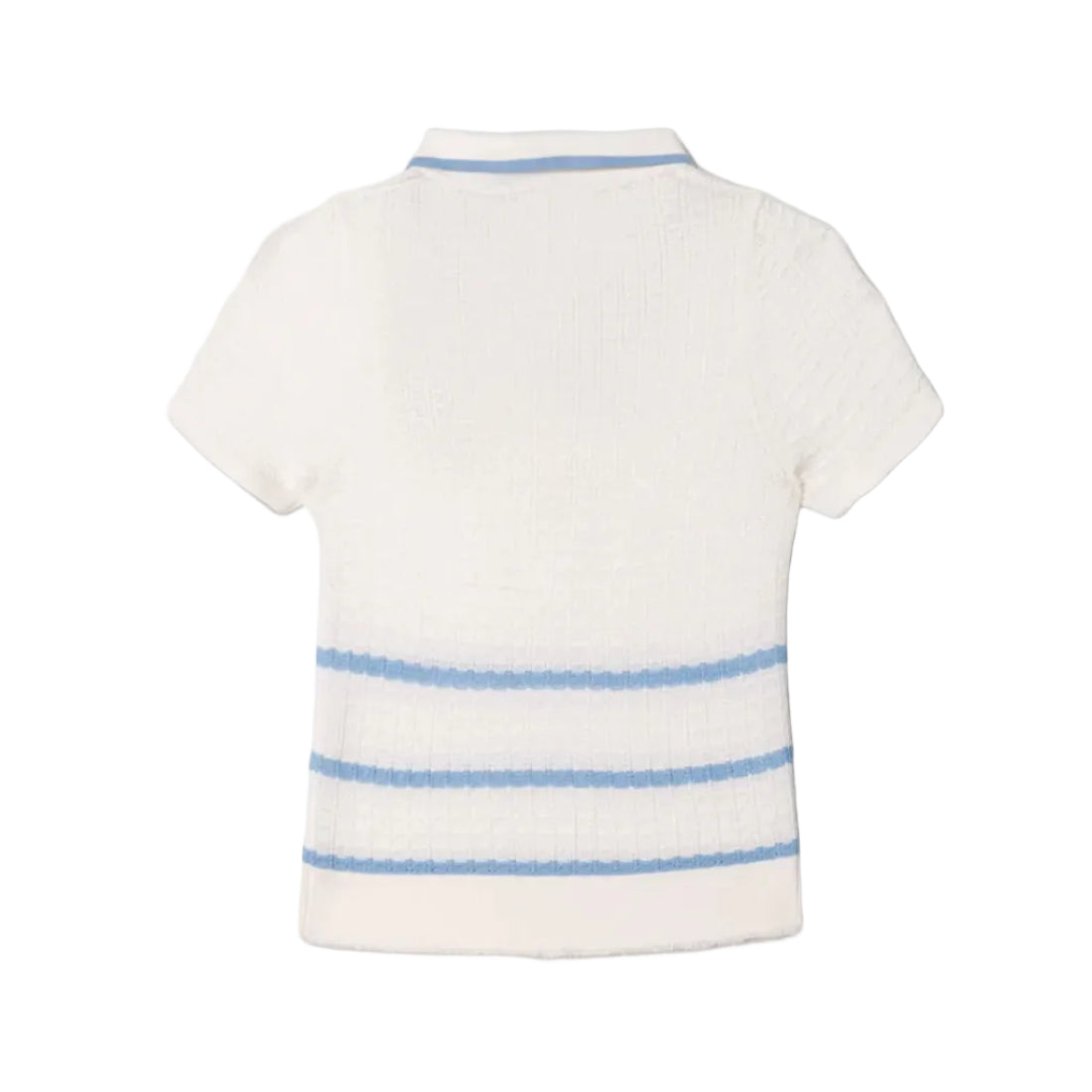 Back view of a white and blue striped shirt on a white background