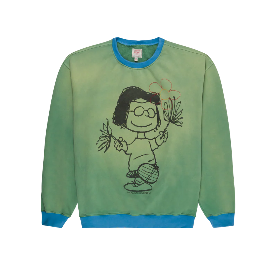 Green sweatshirt with a black outline of a character on a white background