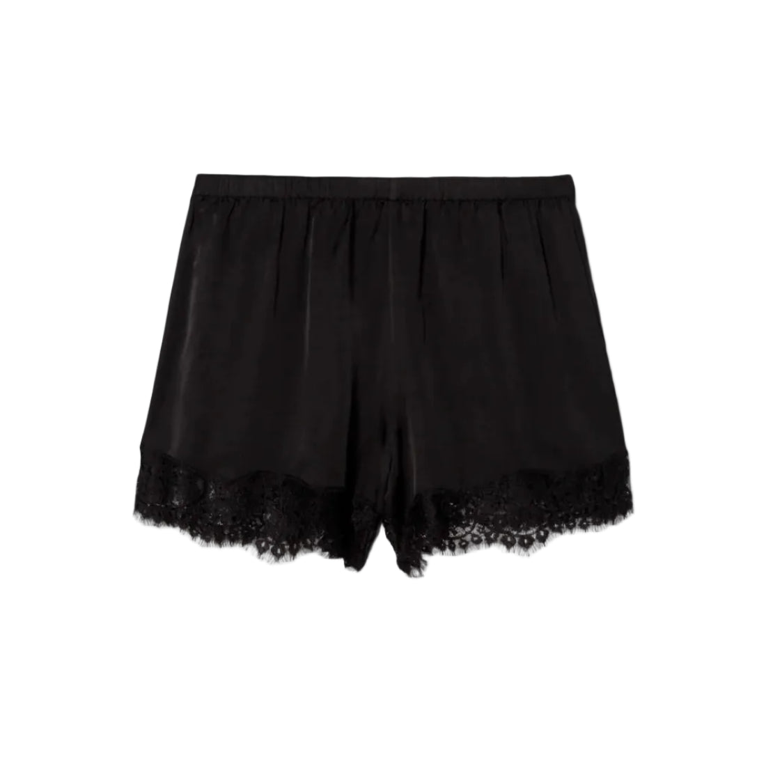 Black lace-trimmed shorts on a white background