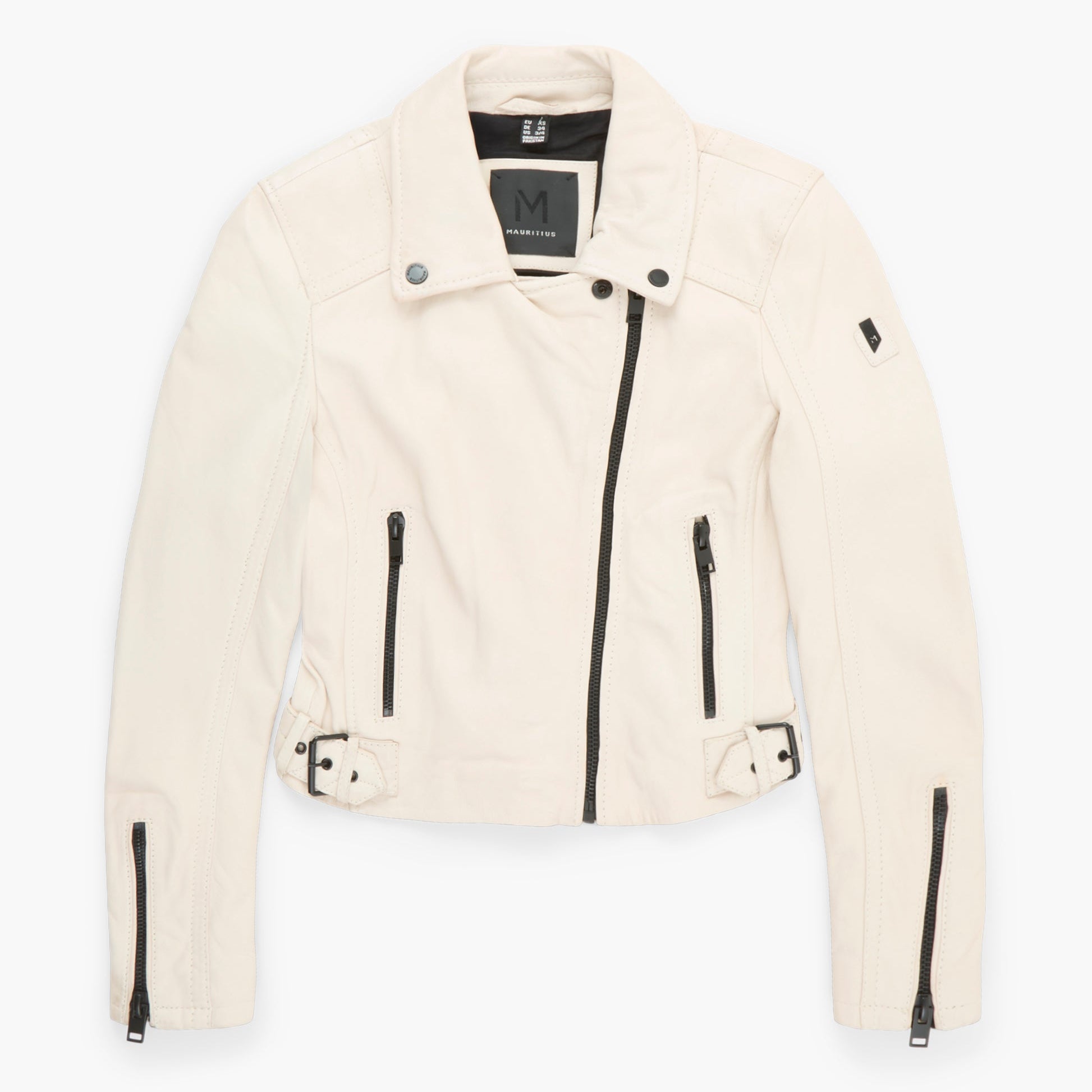 White leather jacket with black zippers on a white background