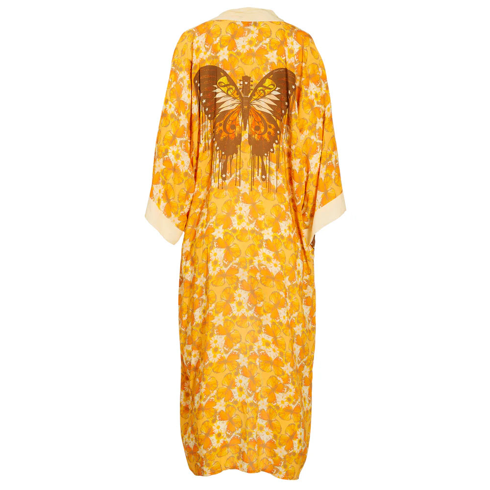 Yellow floral robe with a butterfly design on a white background, back view