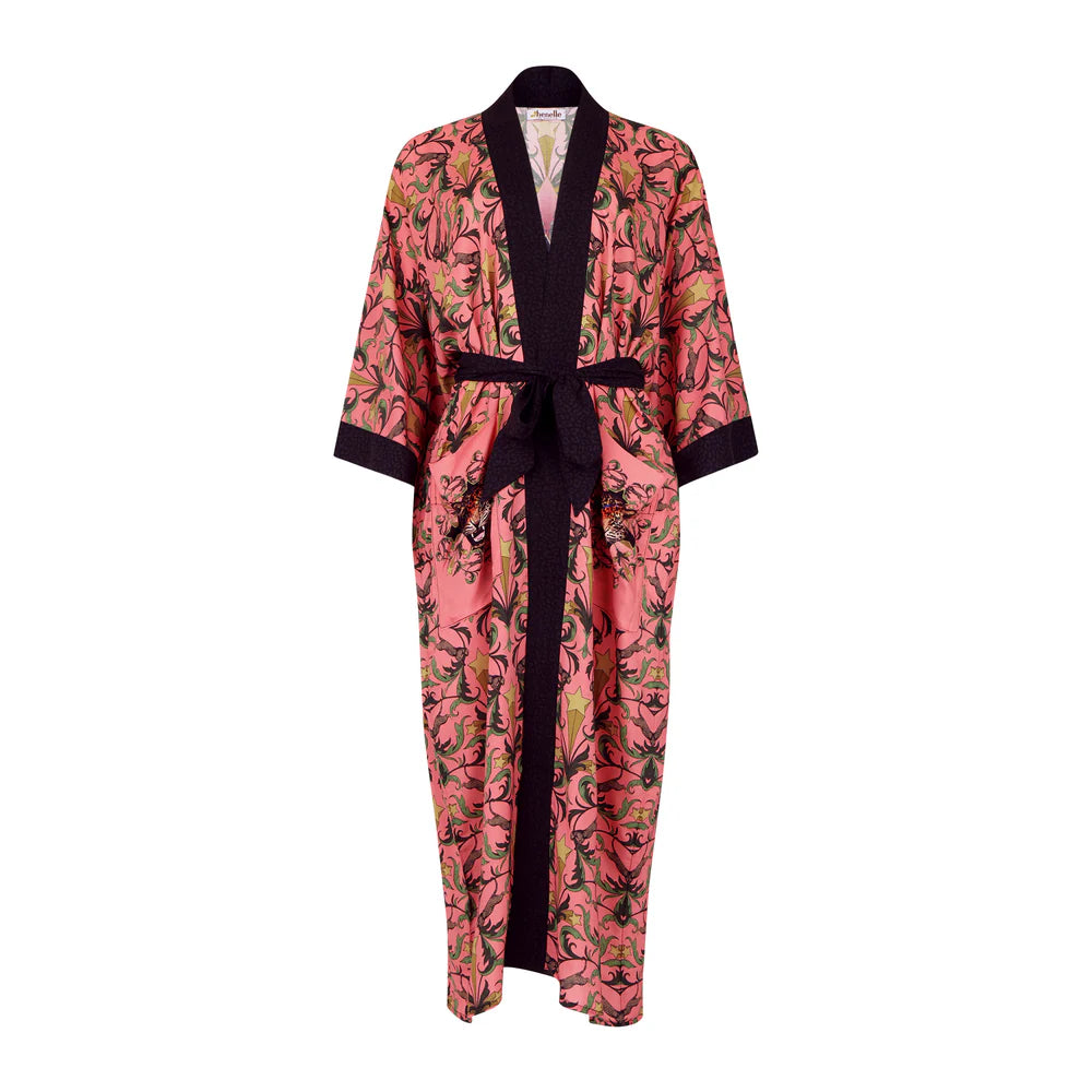 Pink floral kimono-style robe on a white background