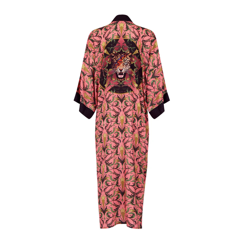 Long kimono-style garment with a pink and black floral pattern on a white background