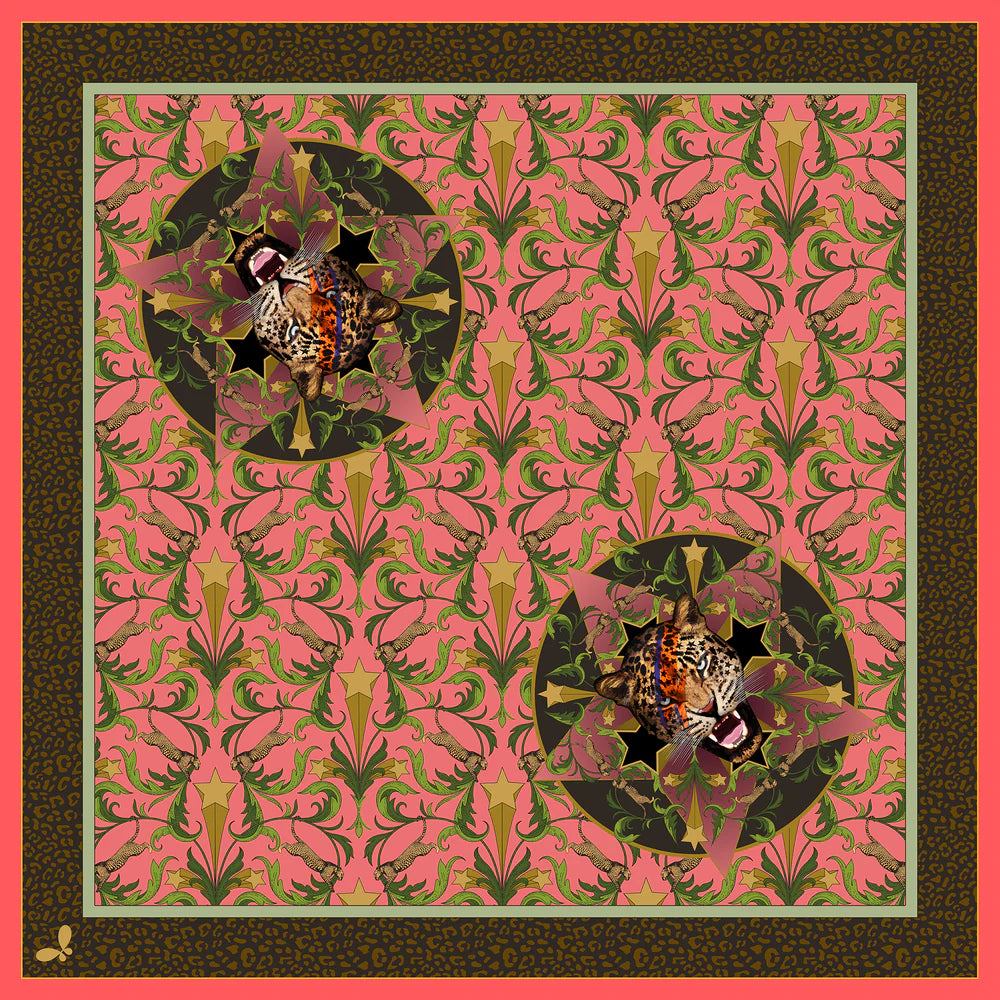 Artistic design with pink and green patterns and abstract elements on a pink background.