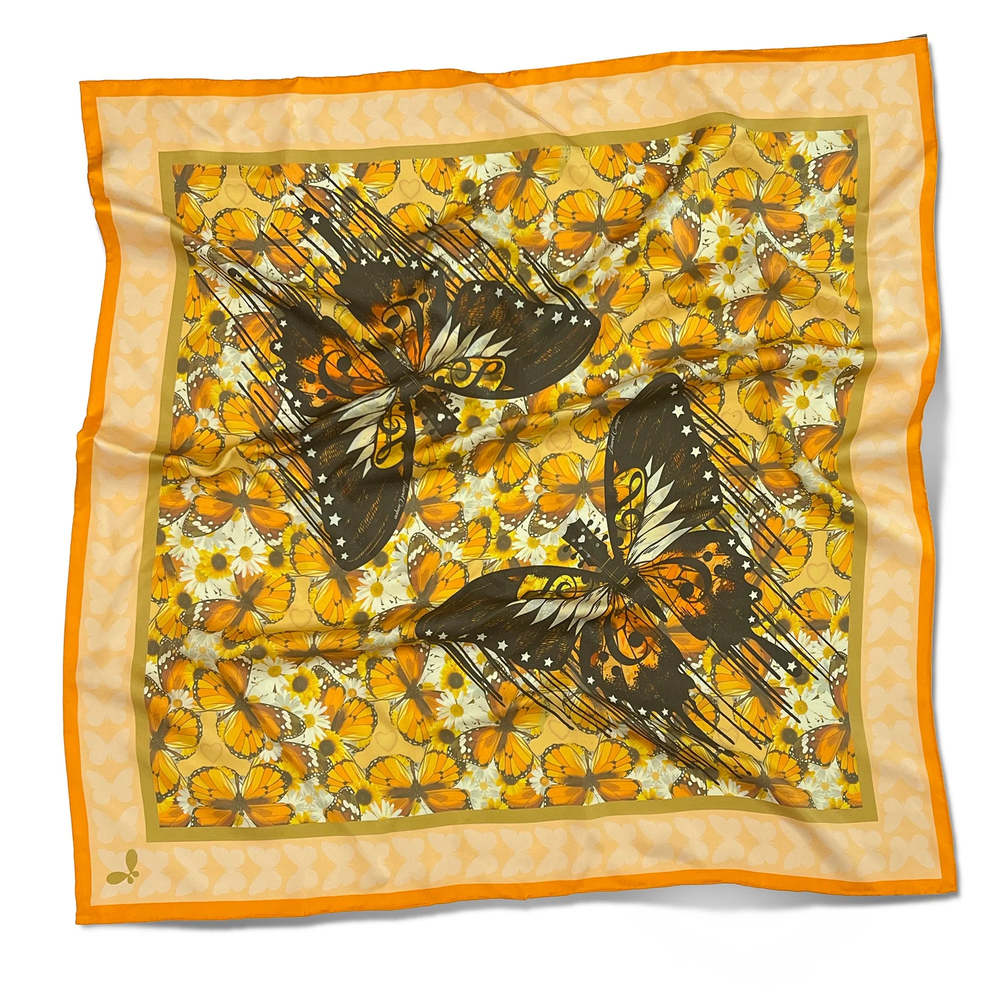 Butterfly patterned scarf with orange border on a white background