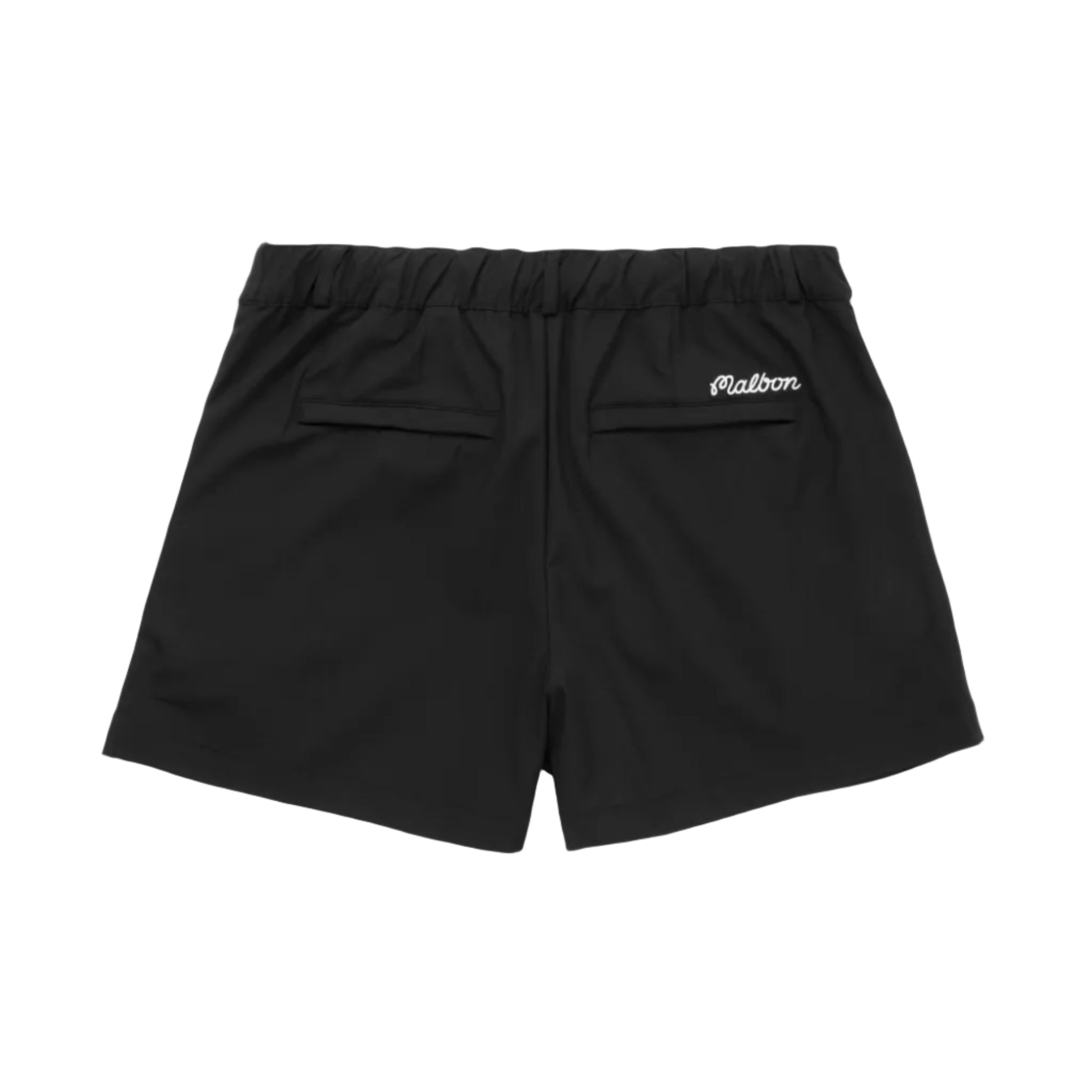 Black shorts with a brand logo on a white background