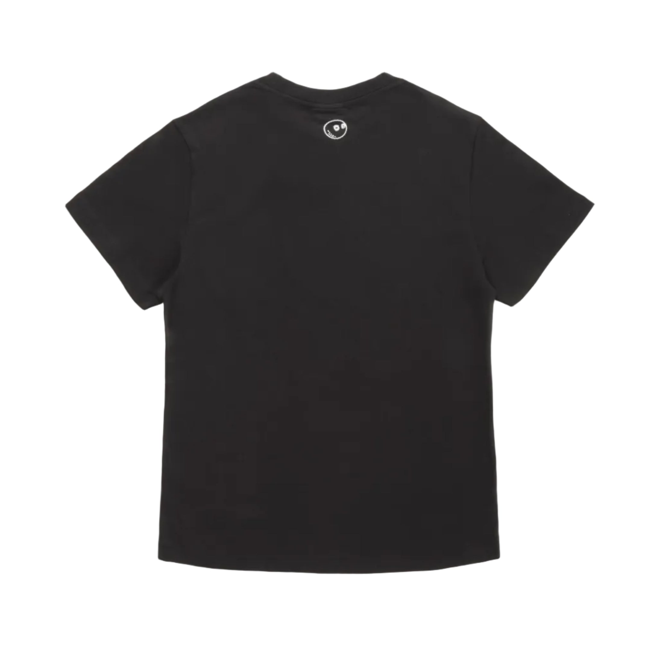Black t-shirt with logo in white on a white background