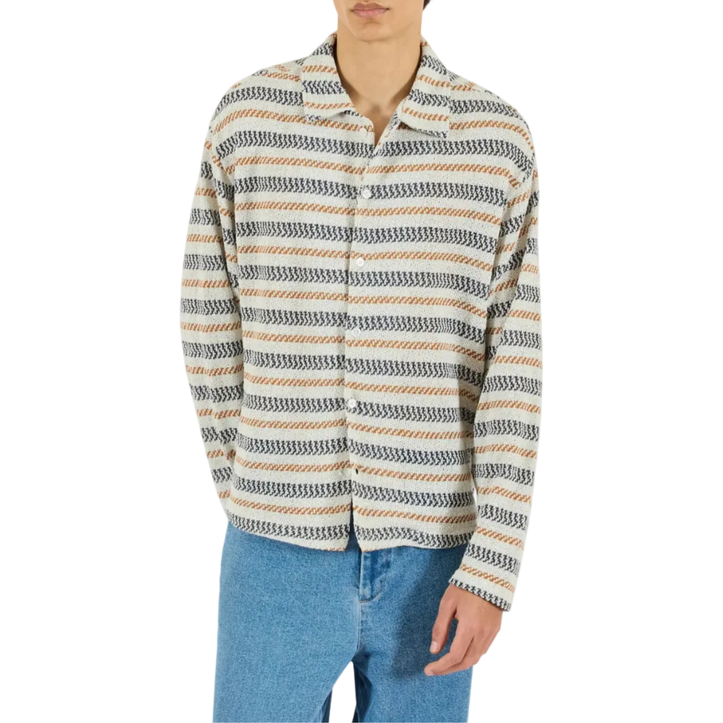 Person wearing a striped shirt and blue jeans on a white background