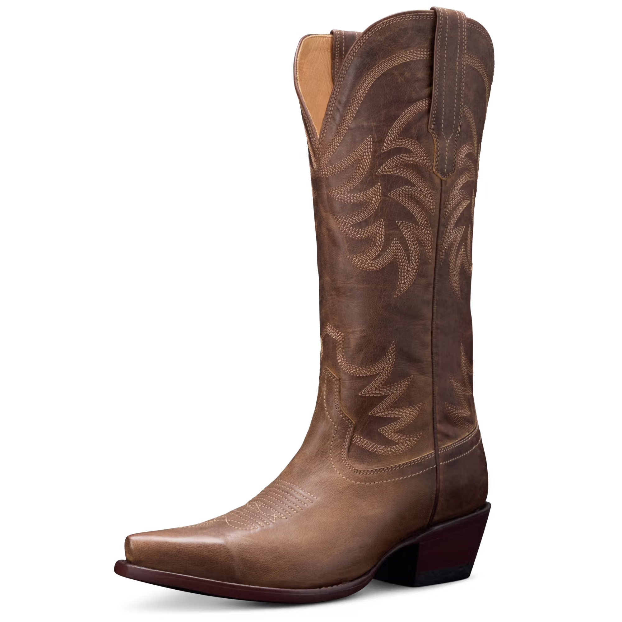 Brown cowboy boot with intricate embossing on a white background